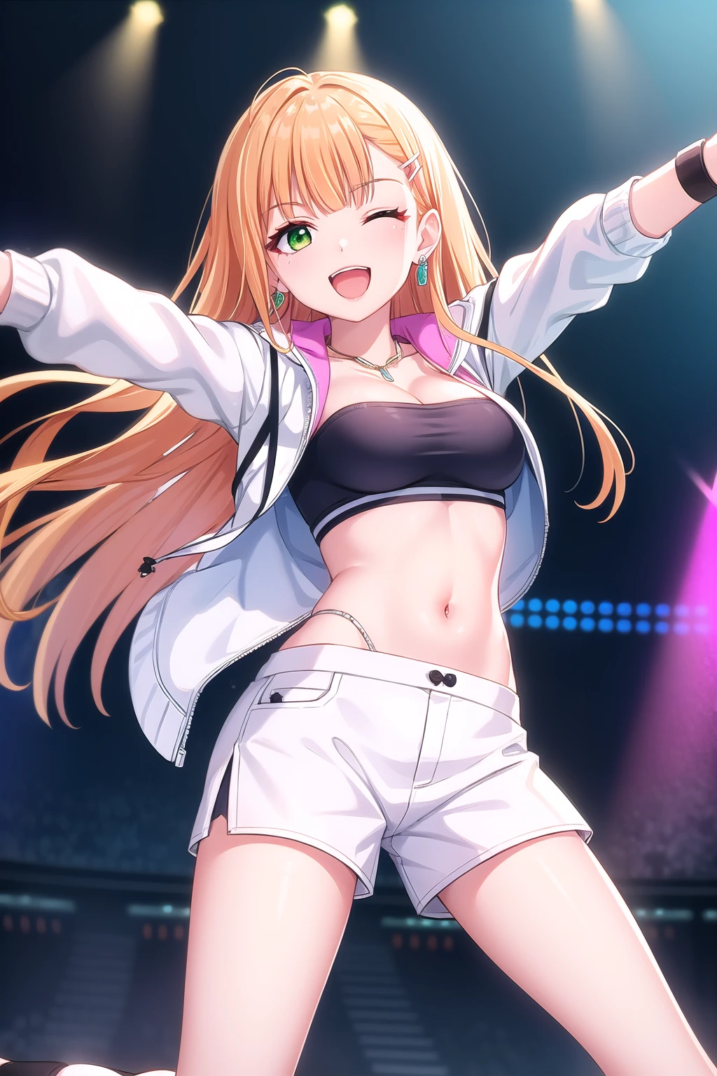 (masterpiece, best quality), highly detailed background, perfect lightingbest quality, shiunsumika, solo, indoors, stage, stage lights, idol, orange hair, blunt bangs, hairclip, straight hair, very long hair, one eye closed, green eyes, medium breasts, earrings, necklace, white jacket, multicolored jacket, open jacket, cleavage, black shirt, crop top, stomach, (outstretched arms:1.1), wristband, white shorts, two-tone shorts, short shorts, idol clothes, smile, open mouth, ;d, pink lips, <lora:Shiun-Sumika-05:0.7>