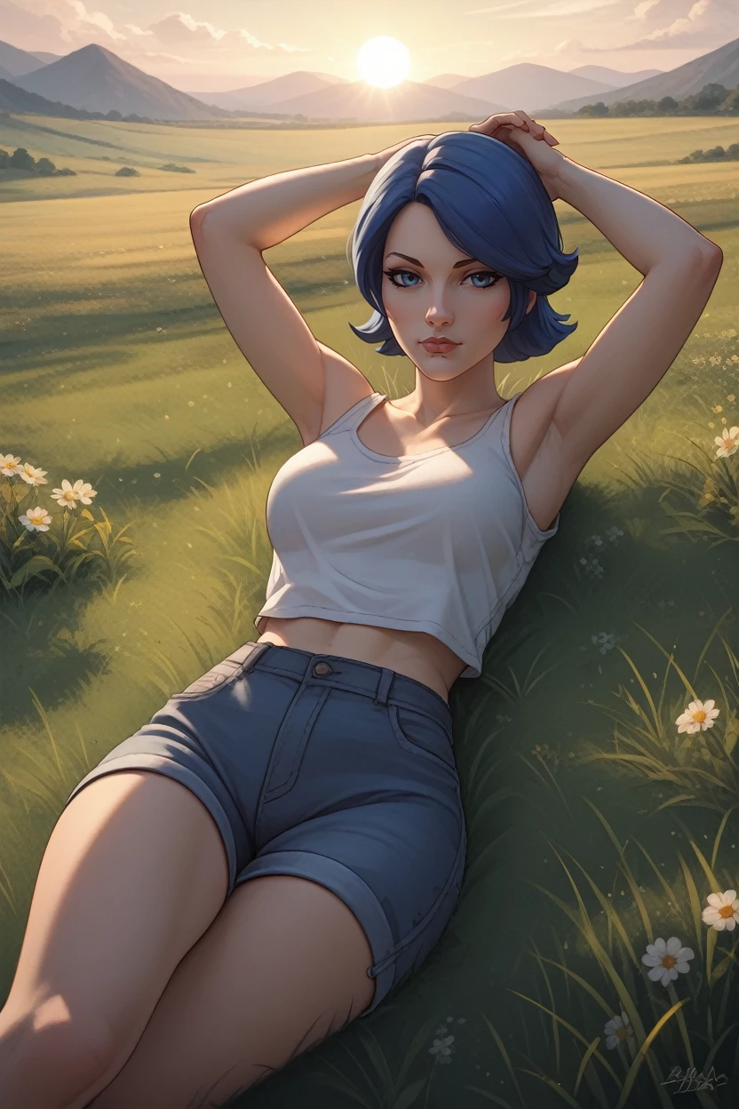 score_9, score_8_up, score_7_up, score_6_up
<lora:BLAthena:0.8>
BLAthena, 1girl, blue hair, blue eyes, short hair, looking at viewer, lying in a field of wildflowers, arms stretched out, sun shining through the clouds, soft and warm lighting, peaceful and nature-connected feeling