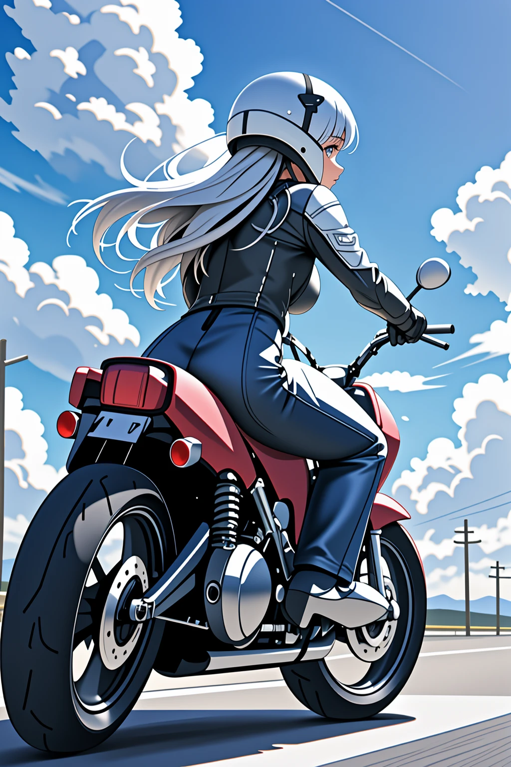 1girl riding motorcycle, back view <lora:LCM_LoRA_Weights_SD15:1>