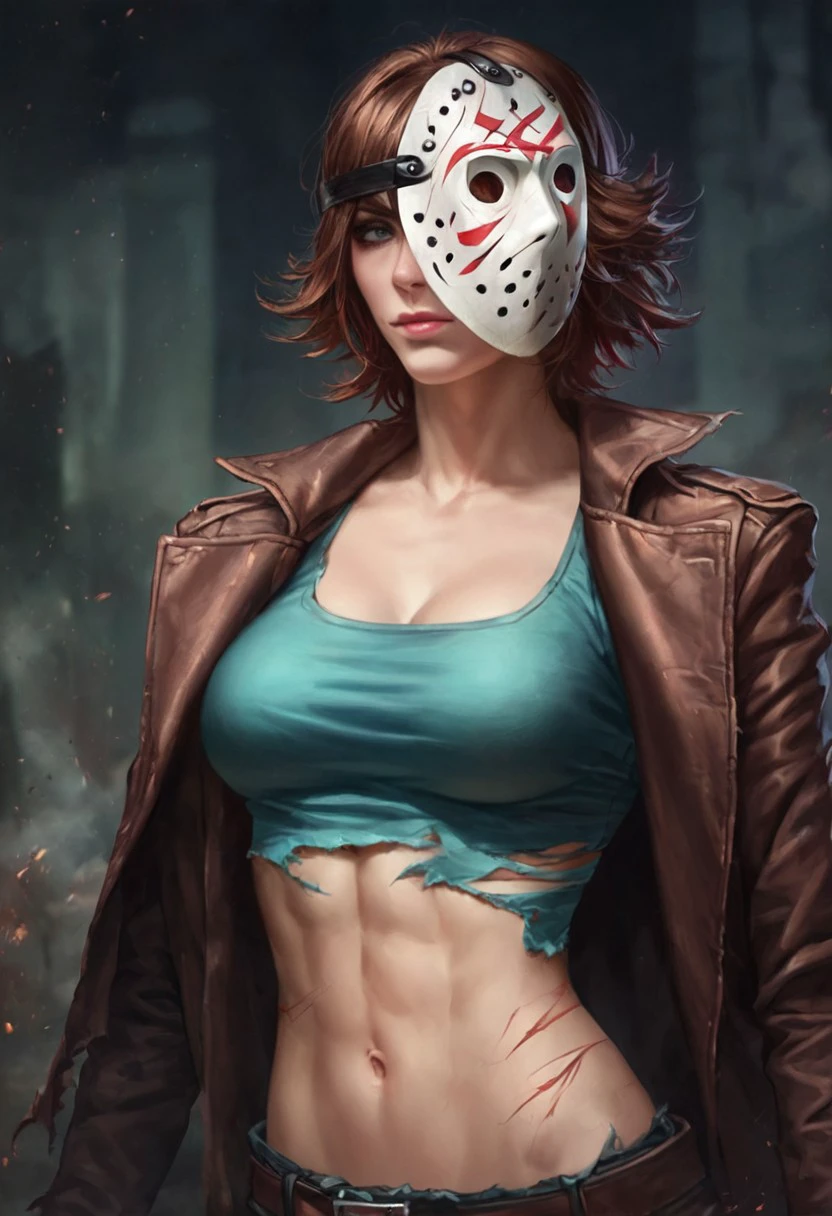 score_9, score_8_up, score_7_up, score_6_up, source_realistic, upper body, BREAK 1girl, Bjason, mask on head, brown hair, big breasts, torn clothes, jacket, crop top, midriff, gloves, half smirk,