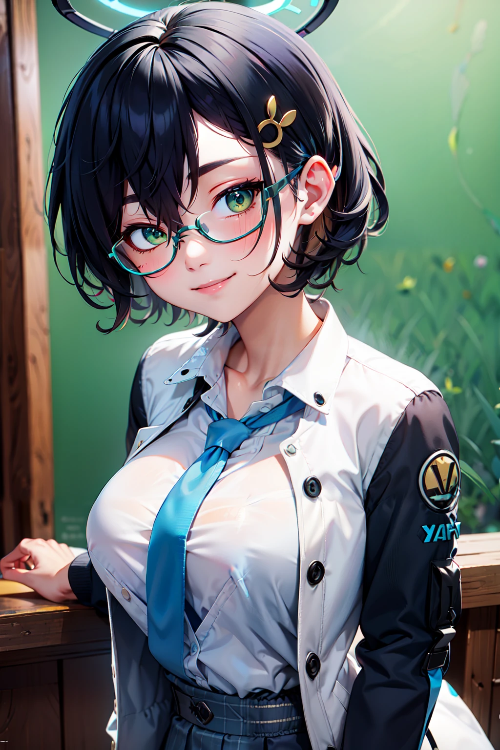 (masterpiece), <lora:Beautiful_CAT_v3:0.8>, best quality, high resolution, highly detailed, perfect lighting,  , <lora:Chihiro_BlueArchive_Citron:0.8>, zzChihiro, green eyes, black hair, short hair, glasses, halo, hair ornament blue cardigan, blue necktie, white shirt, wristwatch, open jacket ,, upper body , solo, smiling, looking at viewer,, BREAK, leaning forward, head tilt, blush, upper body,