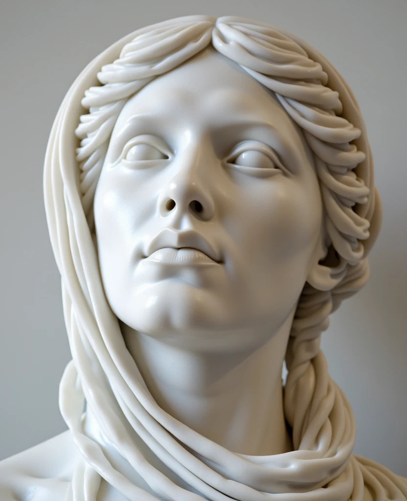 Generate a detailed image of a marble statue depicting a woman with delicate, translucent drapery elegantly flowing over her face. The fabric should appear soft and intricate, subtly revealing the contours of her facial features beneath it. Emphasize the realistic texture of the marble, with precise lighting to highlight the contrast between the smooth surface of the statue and the intricate folds of the drapery. The setting should be minimal, focusing attention on the craftsmanship and elegance of the sculpture. <lora:statue:1>