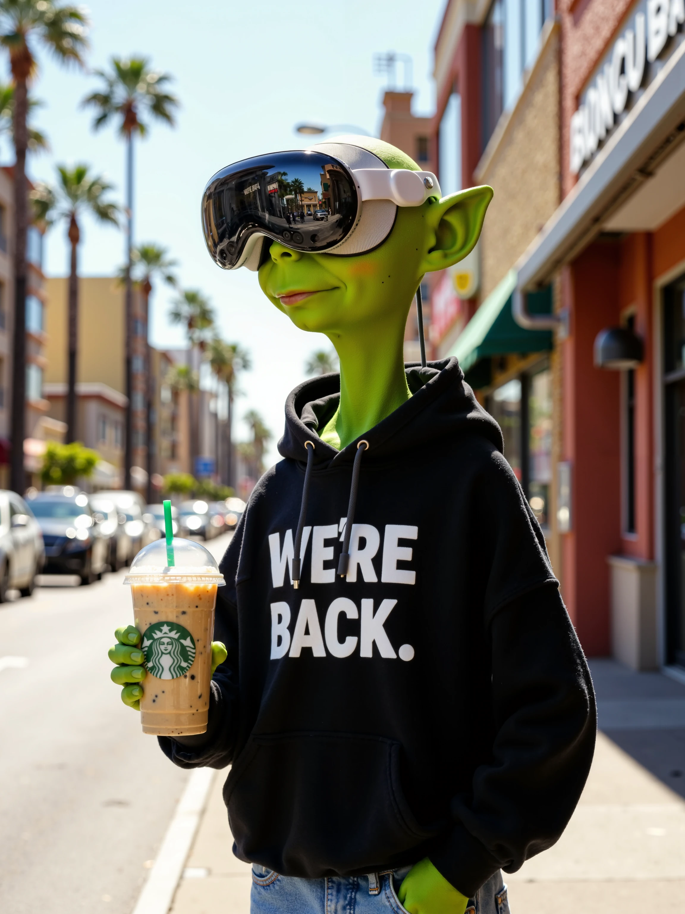 A stylish, green-skinned alien casually stands on a lively, sunlit city street, wearing the sleek Apple Vision Pro headset. The large, curved black reflective lens covers the alien's oversized eyes, creating a striking contrast with its vibrant green skin. The white frame and textured mesh strap of the glasses sit comfortably over the alien's head, adding a futuristic, tech-forward element to its already otherworldly appearance. The alien is dressed in a casual black hoodie with bold white text that reads, "WE'RE BACK," paired with light-wash jeans, giving it a laid-back, modern vibe.

In one hand, the alien holds a frothy Starbucks drink, complete with a green straw, further blending the everyday human world with its extraterrestrial presence. Its posture is relaxed and confident, radiating a cool, calm energy as it blends seamlessly into the urban environment. The reflective surface of the Apple Vision Pro captures subtle details of the surrounding scene—palm trees, bright storefronts, and passing cars—adding a sense of immersion and connection between the alien and its environment.

The lighting is bright and natural, typical of a sunny day, with soft shadows falling across the alien’s hoodie and face. The vibrant colors of the city, combined with the alien's green skin and the sleek black-and-white design of the Apple Vision Pro, create a playful yet futuristic atmosphere. The mood is lighthearted and surreal, mixing everyday street style with a science-fiction twist.

The camera angle is at street level, capturing the alien from the waist up, as if in the middle of a candid moment. The depth of field keeps the alien in sharp focus while the background softly blurs, maintaining the city’s vibrant energy without detracting from the alien as the focal point. The overall scene is a blend of casual coolness and futuristic design, with a hint of humor and whimsy.

