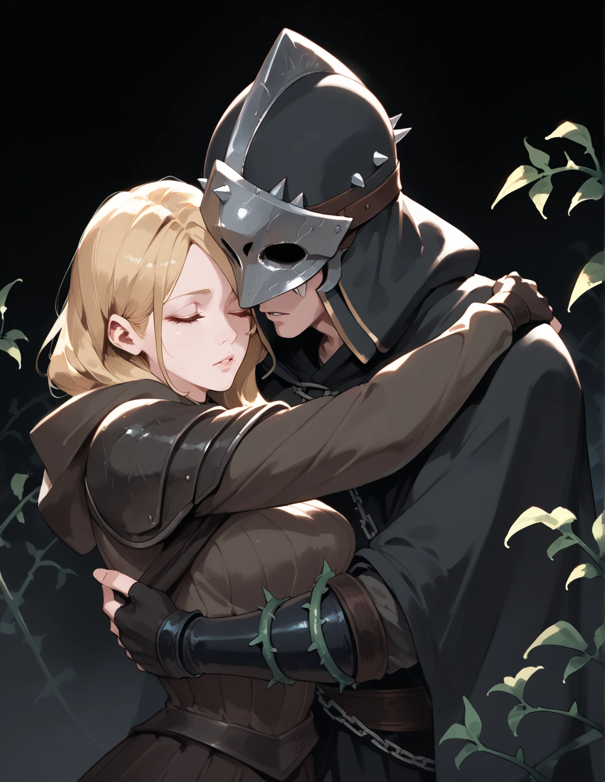 score_9, score_8_up, score_7_up, score_6_up, m1ne0h , lnp, 1girl, blonde hair, gloves, long sleeves, 1boy, closed eyes, parted lips, hood, fingerless gloves, armor, hug, helmet, plant, black background, cloak, 1other, hood up, vines, thorns, <lora:m1ne0hv1.1-pony:1>