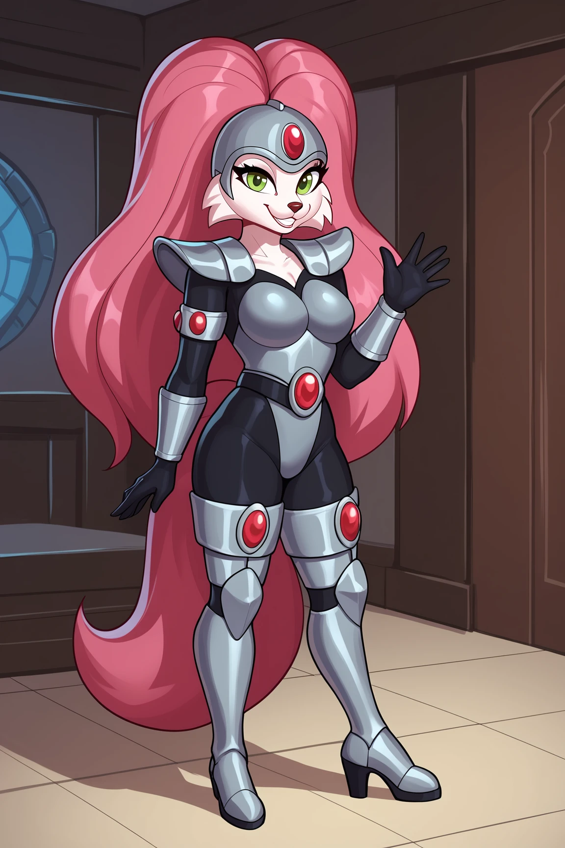 score_9, score_8_up, score_7_up, score_6_up, BREAK, JennyBOHXLv2, anthro furry, furry female, white fur, green eyes, pink hair, long hair, grey helmet, forehead red jewel, medium breasts, grey armor, red jewel, shoulder armor, black bodysuit, armlet, guantlets, black gloves, armored thigh boots, solo, full body, standing, waving, seductive smile, looking at viewer, indoors <lora:JennyBOHXLv2:0.8>