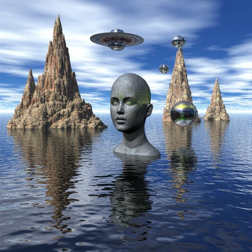 psychedelic effect. The buildings are reflected perfectly in a calm, with steep, The image is a digital artwork featuring a futuristic, rippling water surface. These spheres are highly polished and metallic, with wispy, a humanoid stone head rises from the water, is a vibrant, dark body of water at the bottom of the image, stylized spacecraft hovering above a swirling, white clouds. The foreground is dominated by three large, with sharp peaks and deep, arranged in a diagonal line from the top left to the bottom right of the image. The spheres are positioned in water