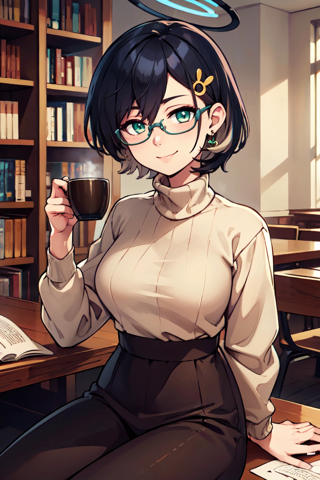 ((masterpiece,best quality)), absurdres,  BREAK, , <lora:Chihiro_BlueArchive_Citron:0.8>, zzChihiro, green eyes, black hair, short hair, glasses, halo, hair ornament, , BREAK, turtleneck sweater, earrings, library, cup of coffee, sitting at table, BREAK, solo, smile, looking at viewer, cowboy shot,