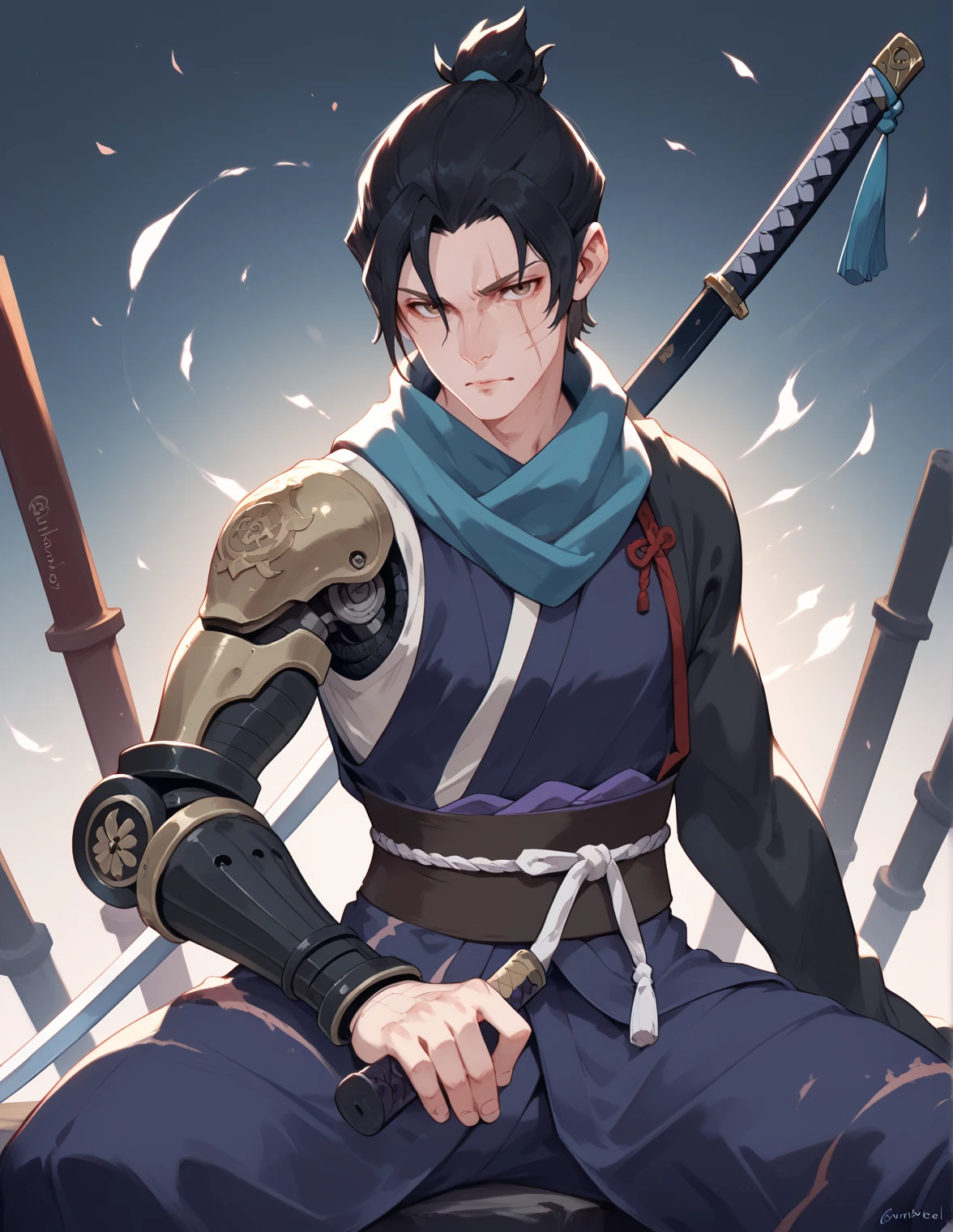 score_9, score_8_up, score_7_up, score_6_up, m1ne0h , lnp, solo, short hair, black hair, 1boy, sitting, weapon, male focus, japanese clothes, sword, twitter username, scarf, scar, katana, sheath, scar on face, sheathed, scar across eye, ninja, indian style, mechanical arms, topknot, single mechanical arm, prosthesis, prosthetic arm, <lora:m1ne0hv1.1-pony:1>