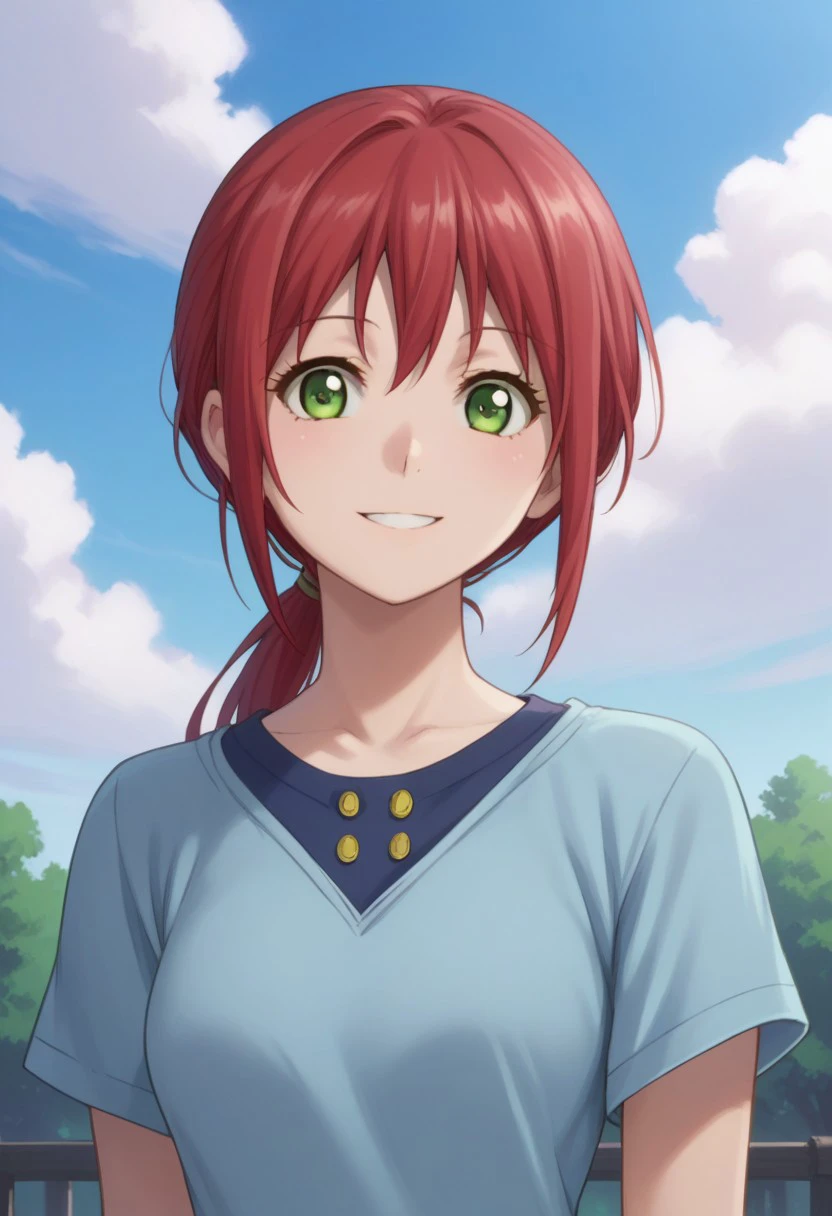 score_9, score_8_up, score_7_up, source_anime, highly detailed, 
shirayuki, 1girl, solo, red hair, green eyes, long hair, ponytail, smile, shirt, blue shirt, looking at viewer, upper body,
outdoor, sky, clouds, tree,