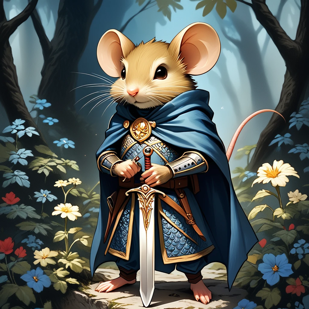 core_9, score_8_up, score_7_up,  <lora:MazesMicePony:0.8>  MazesAndMice, The image is a digital illustration of a mouse dressed up as a knight. The mouse is standing in a forest-like setting with tall trees and bushes in the background. It is wearing a blue cloak with gold accents and a gold belt with a sword in its hand. The cloak has a gold emblem on the left side and a red ribbon tied around its waist. The sword is held in the mouse's right hand and is pointed towards the viewer. The background is dark and the overall mood of the image is mysterious and magical., weapon, sword, mouse, cape, solo, flower, furry, mouse ears, nature, armor