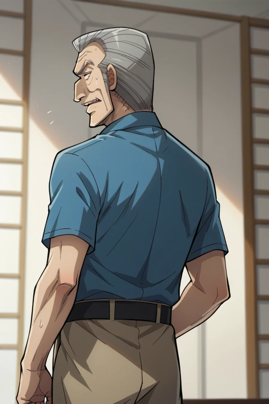 rateing_safe,score_9, score_8_up, score_7_up, socre_cartoon,1boy,solo old, old man,tonegawaxx,grey hair,blue shirt,simple back ground