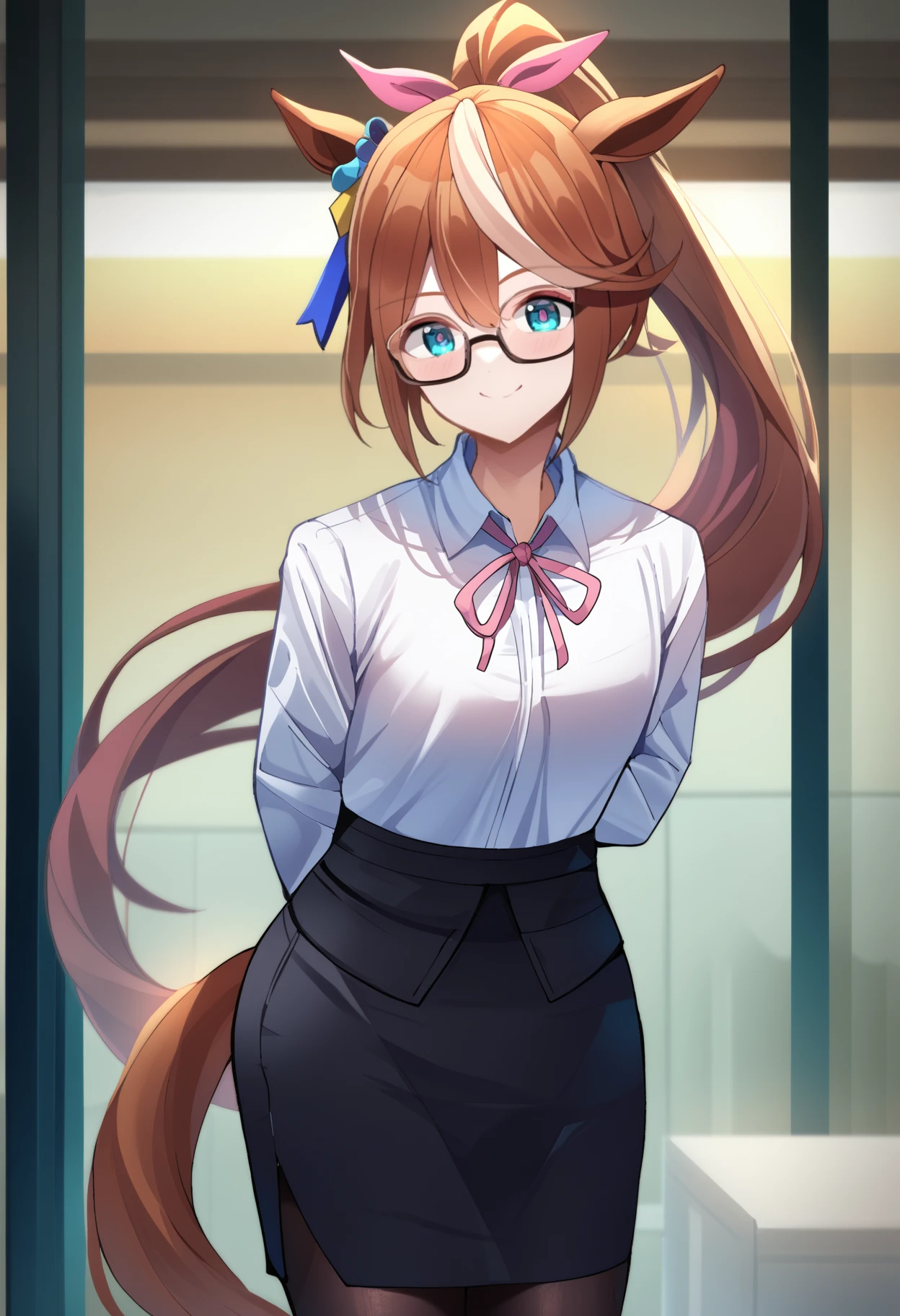 k pring, score_9, score_7_up, <break> solo, 1girl, tokaidef, horse tail, smile, looking at you, standing, arms behind back, long hair, hair flaps, high ponytail, hair ribbon, pink ribbon, animal ears, glasses, white shirt, collared shirt, black skirt, pencil skirt, black pantyhose, indoors, office
<segment:yolo-face_yolov8m.pt,0.4,0.5//cid=1>