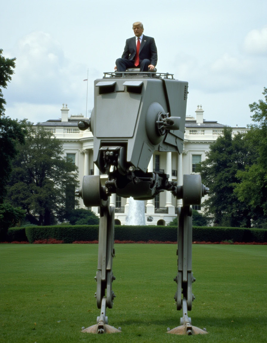 a star wars style, lucasfilm,photol of an at-st,walking infront the white house,washington d.c.,donald trump sitting on top, <lora:AT-ST:1>, <lora:star wars style v1:1>