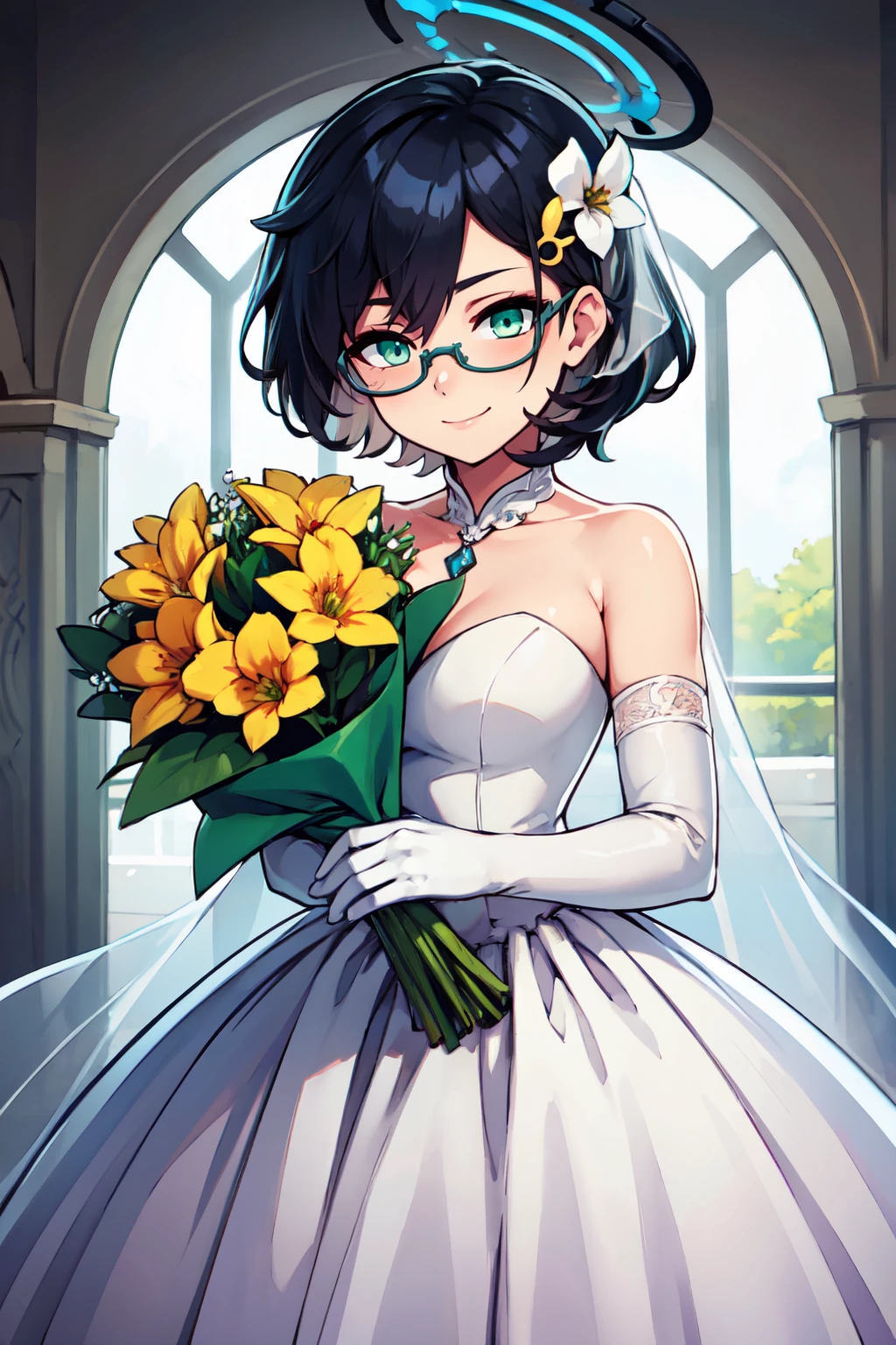 ((masterpiece,best quality)), absurdres,  BREAK, , <lora:Chihiro_BlueArchive_Citron:0.8>, zzChihiro, green eyes, black hair, short hair, glasses, halo, hair ornament, , BREAK, bride, wedding dress, bridal veil, strapless dress, elbow gloves, holding bouquet,, BREAK, solo, smile, looking at viewer, cowboy shot,