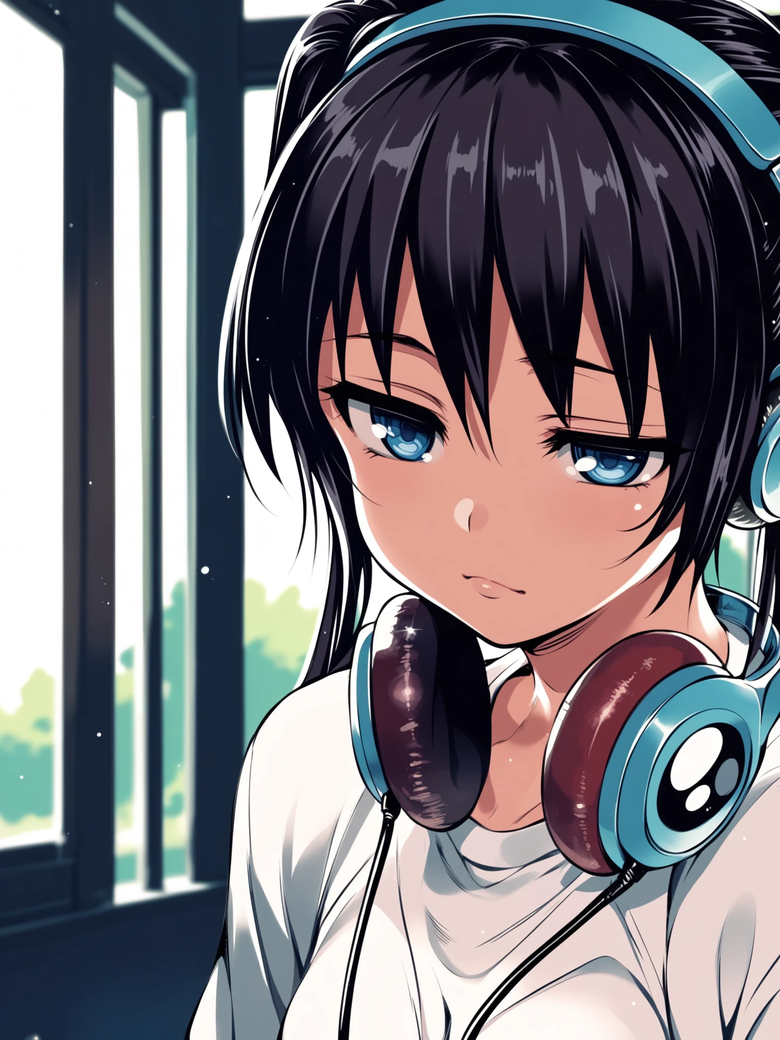 <lora:happy_tentacle-mayu-v0.1-000033:0.9>, ht_mayu, headphones, black hair, blue eyes, gym clothes, indoors , 1girl, solo, upper body , unusually open eyes , ( naughty face :1.1), , looking away , standing , from side , score_9, score_8_up, score_7_up, score_6_up, score_5_up, score_4_up