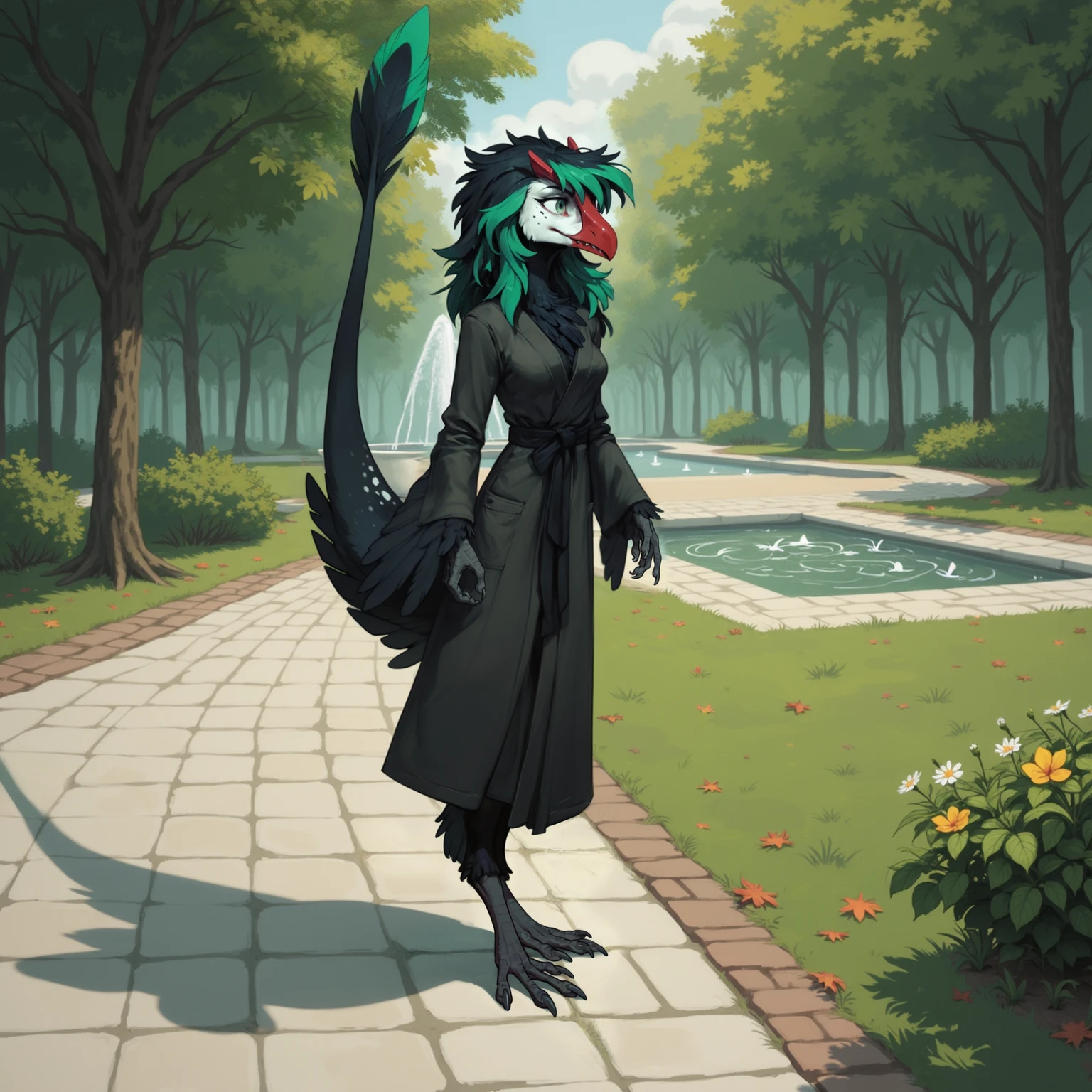 (score_9, score_8_up:1.1), detailed, full-length portrait, 
BREAK
shadow, female nevrean, green eyes, slim, black body, white spots, feathered arms, robe, messy hair, red beak, red horn, green highlights, toothed beak, long tail, raised tail, park, fountain, 
<lora:nevreans_v1.0_pdxl:0.7>,