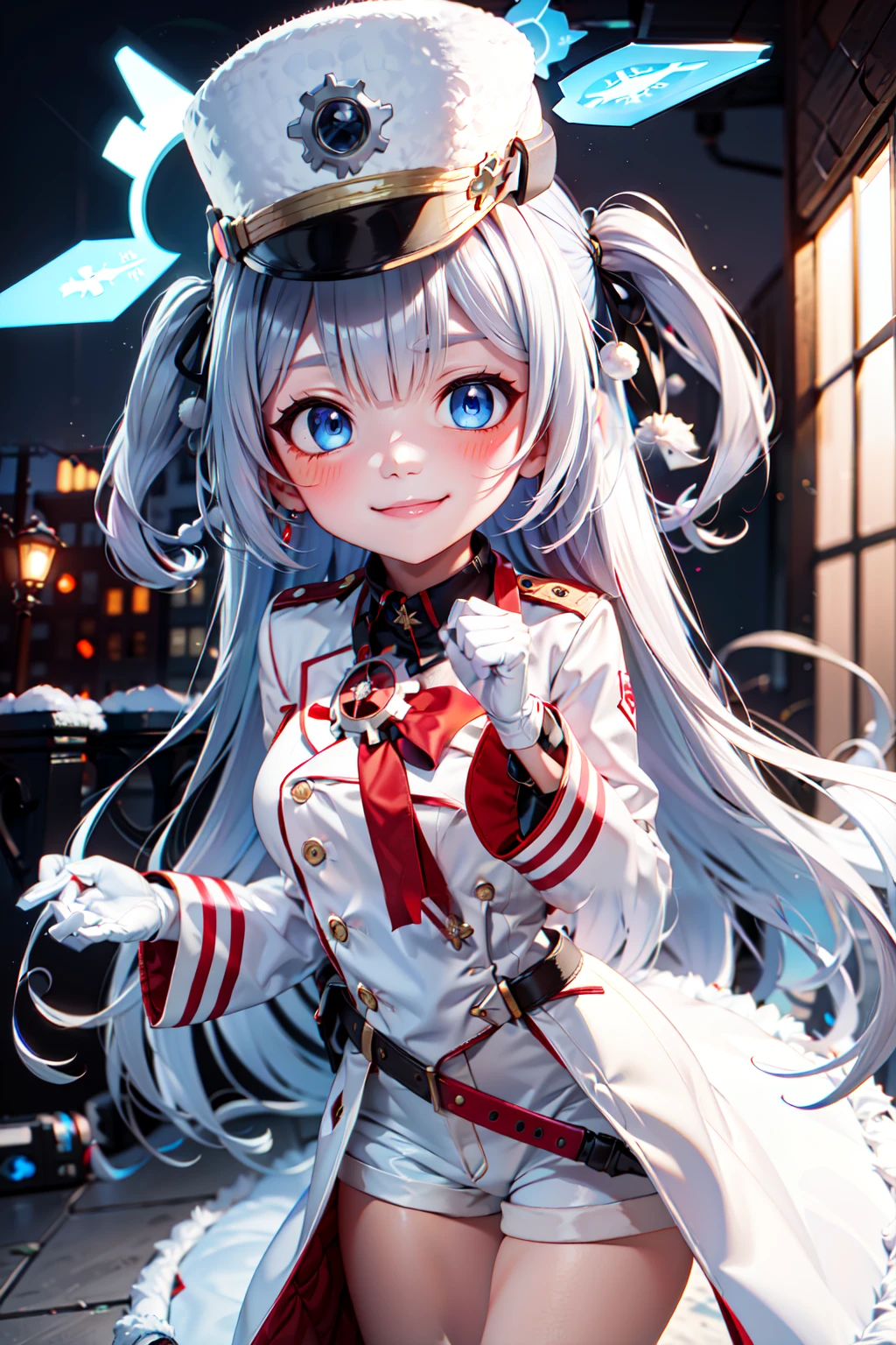 (masterpiece), <lora:Beautiful_CAT_v3:0.8>, best quality, high resolution, highly detailed, perfect lighting,  , <lora:Cherino_BlueArchive_Citron:0.8>, zzCherino, blue eyes, white hair, long hair, two side up, halo, hat, ribbon, shako cap, white coat, white shorts, white gloves, pom-pom hair ornament ,, upper body , solo, smiling, looking at viewer,, BREAK, leaning forward, head tilt, blush, upper body,