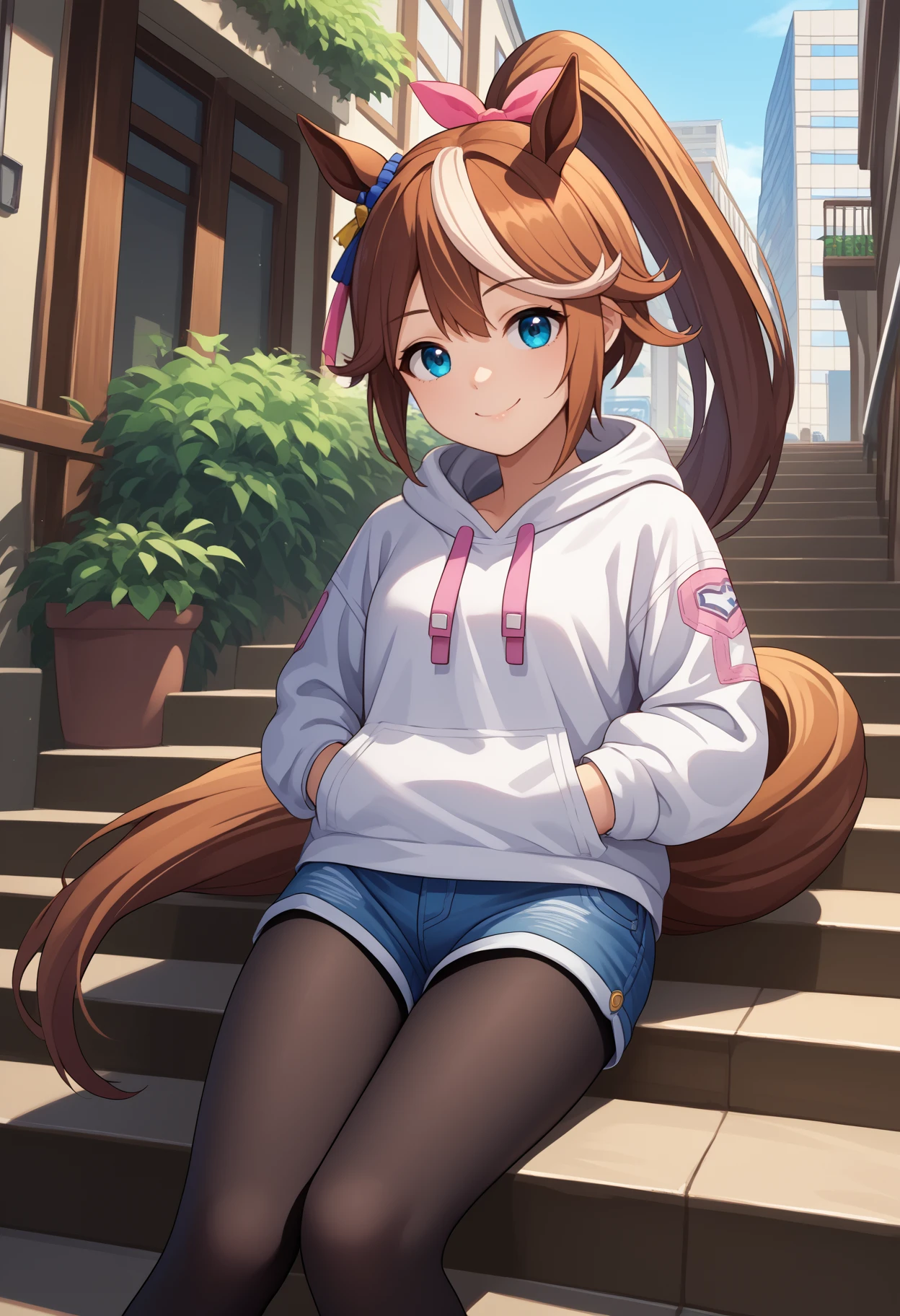 score_9, score_8_up, score_7_up, source_anime, <break> solo, 1girl, tokaidef, horse tail, smile, closed mouth, looking at you, sitting, stairs, hands in pockets, long hair, hair flaps, high ponytail, hair ribbon, pink ribbon, animal ears, white hoodie, blue shorts, denim shorts, black pantyhose, outdoors, city
<segment:yolo-face_yolov8m.pt,0.4,0.5//cid=1>