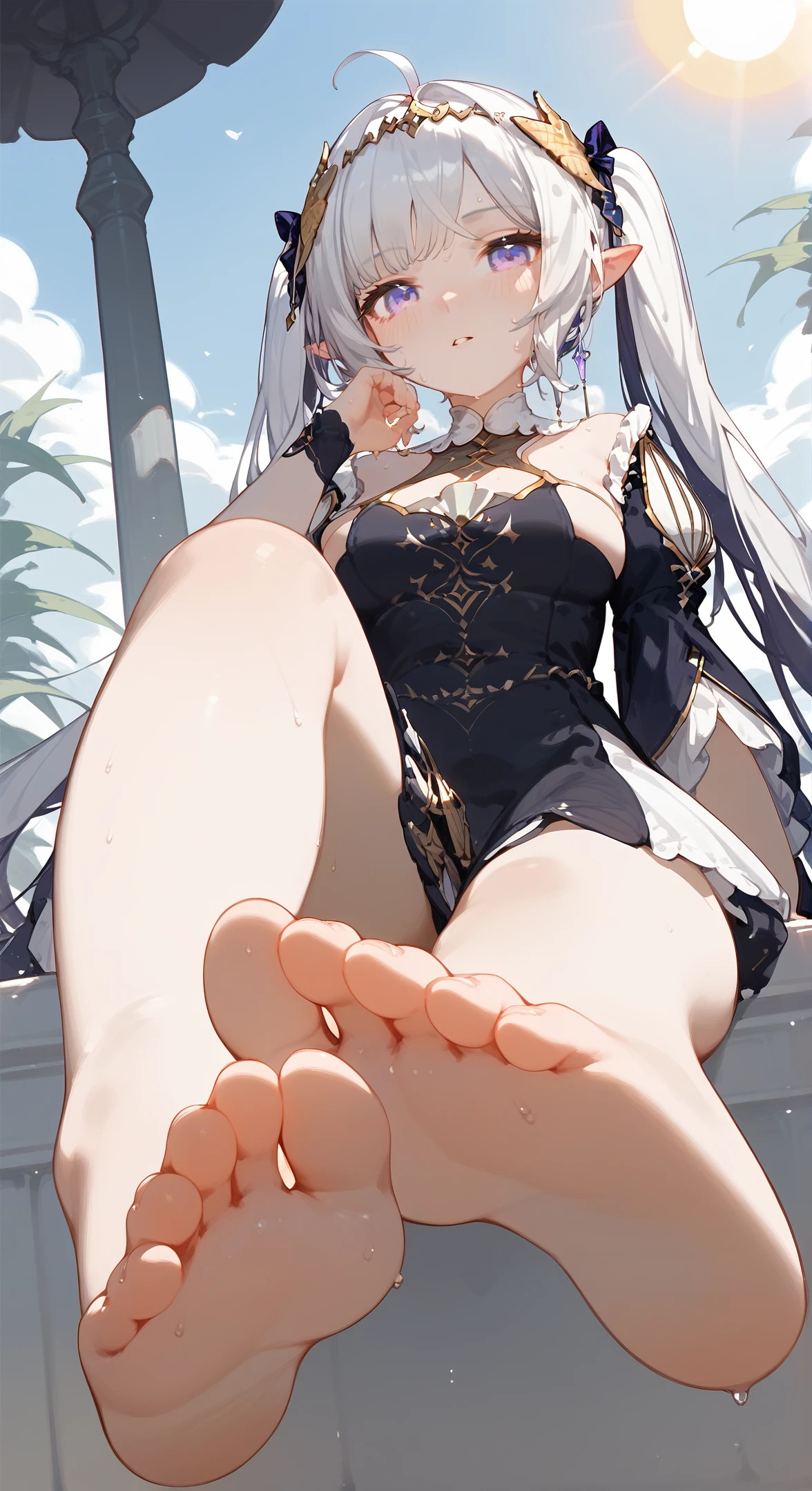 score_9, score_8_up, score_7_up, 
<lora:rhea_pony:0.9>, 1girl, rhea_princess, twintails, dress, jewelry, 
feet, soles, barefoot, breasts, solo, toes, foot focus, looking at viewer, sitting, sweat, parted lips, outdoors, sky, bangs, day, blush, foreshortening, sun