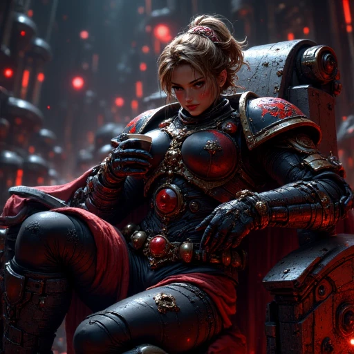 female space marine, sitting drinking coffee