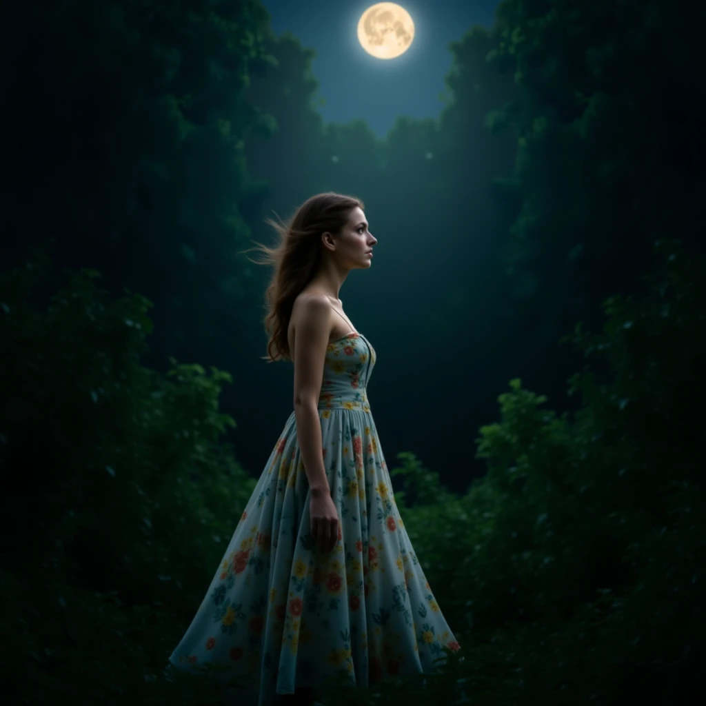 floral maxi dress,A solitary woman standing amidst a lush, moonlit forest, a single spotlight illuminating her enigmatic features, accentuating the subtle curves of her face and the wisps of hair framing her porcelain skin, as she gazes intently towards the serene depths of the celestial bodies above, with delicate, moon-kissed highlights dancing across her ethereal complexion.