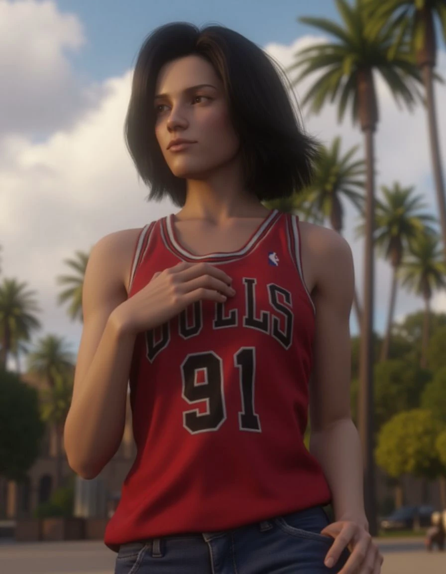 a cgi render of a woman with shoulder-length parted hair and medium-dark complexion looking at the viewer with a faint smile. the woman is making an alluring pose. the woman is wearing an untucked red chicago bulls "91" basketball jersey and baggy long denim shorts. at noon in a park. <lora:Flux_Aki_Ross_Final_Fantasy-000001:1.0>