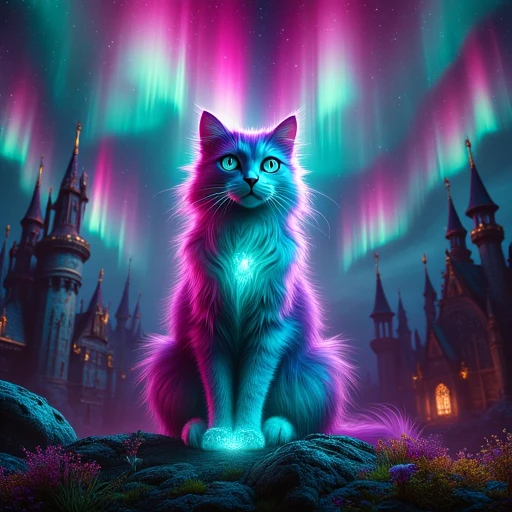 enchantedaurora,hyperrealistic professional photograph of a cat with aurora overhead, the scene is set in front of a castle impressively adorned with golden details and vaporwave glow eminating from all around.