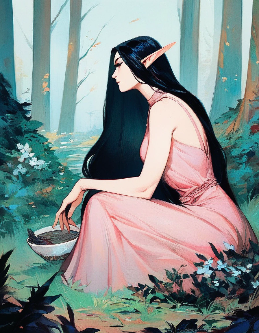 score_9, score_8_up, score_7_up, score_6_up, MTGr3b3cc4, 1girl, solo, long hair, black hair, dress, sitting, closed mouth, outdoors, sleeveless, pointy ears, signature, tree, cup, profile, traditional media, grass, elf, pink dress, nature, forest, bowl, <lora:MTGr3b3cc4-pony:1>