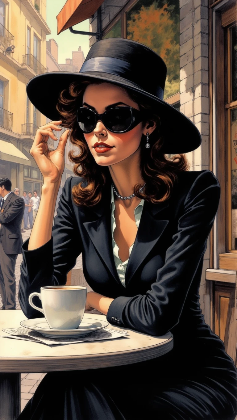 A mysterious woman in a wide-brimmed hat and dark sunglasses sits at an outdoor cafÃ©, sipping coffee. Sheâs reading a newspaper, but her eyes occasionally flicker to the street, as if expecting someone. Her posture is elegant, but her presence is enigmatic
<lora:Adventure_Comic_Book:0.8>