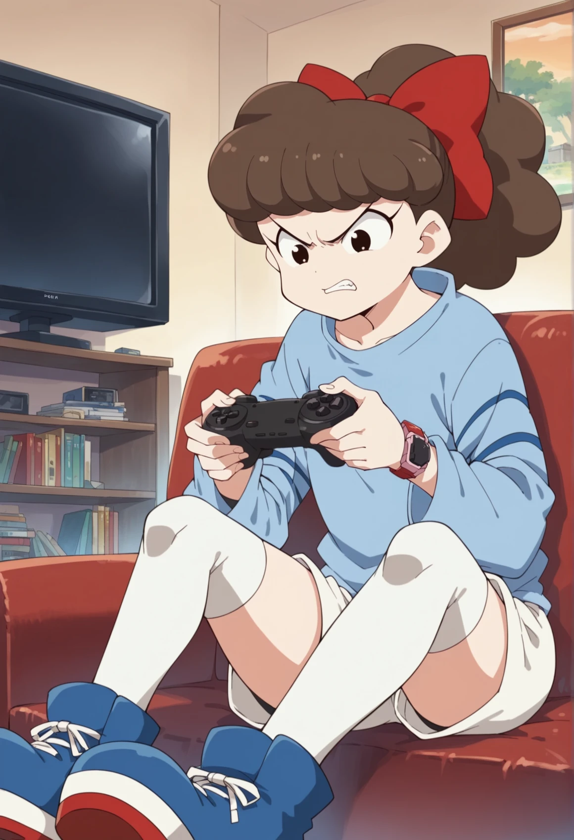 1girl, solo, long hair, brown hair, black eyes, curly hair, ribbon, blue shirt, long sleeves, wristwatch, shorts, thighhighs, ponytail, blue footwear, sitting, couch, indoors, living room, playing games, angry, angry vein, game controller, television <lora:Suzie:1>, score_9, score_8_up, score_7_up, score_6_up, score_5_up, score_4_up, BREAK source_anime, masterpiece