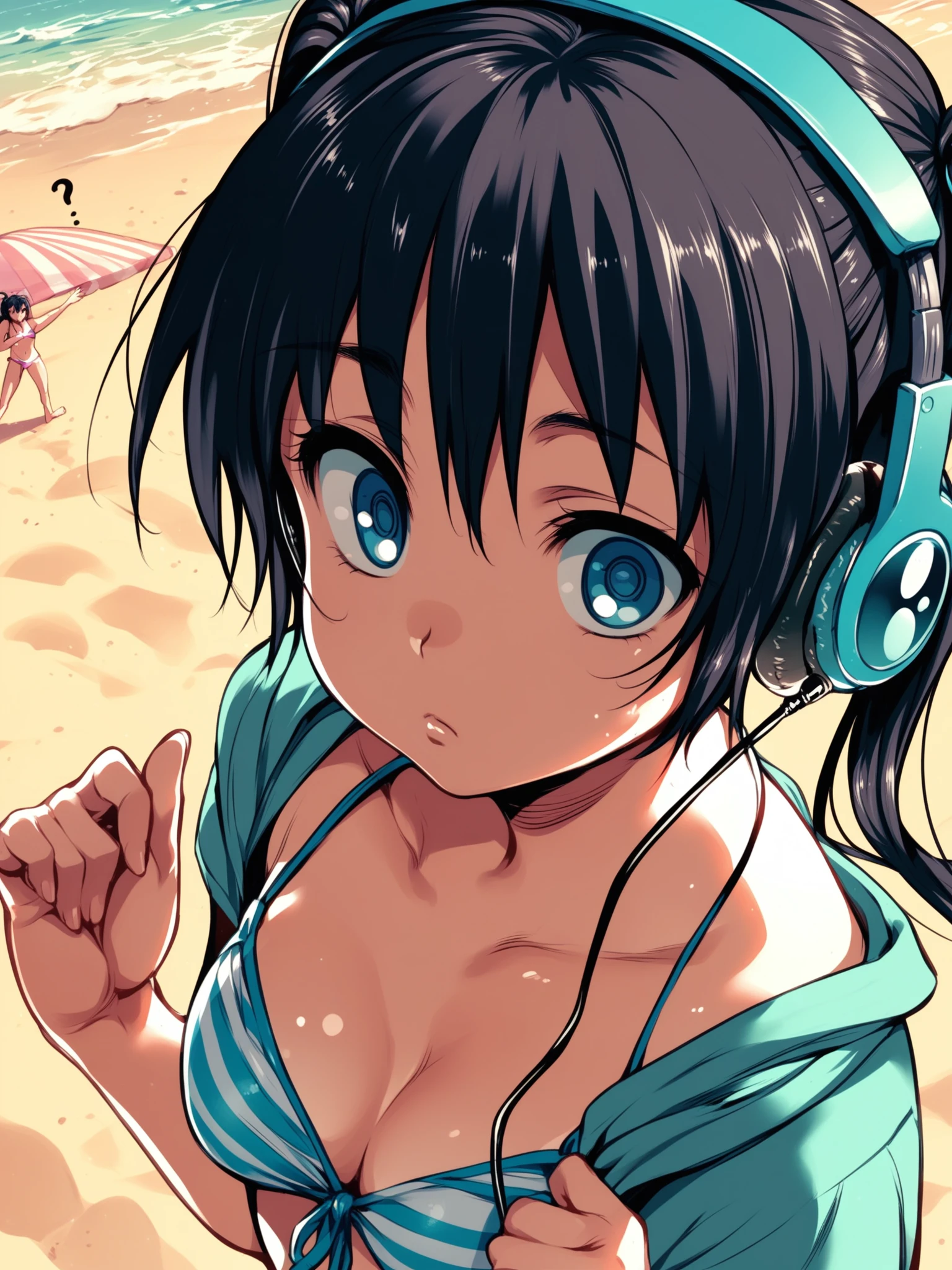 <lora:happy_tentacle-mayu-v0.1-000033:0.9>, ht_mayu, headphones, black hair, blue eyes, bikini, beach , 1girl, solo, portrait , , (confused :1), , looking down , standing , facing viewer , score_9, score_8_up, score_7_up, score_6_up, score_5_up, score_4_up