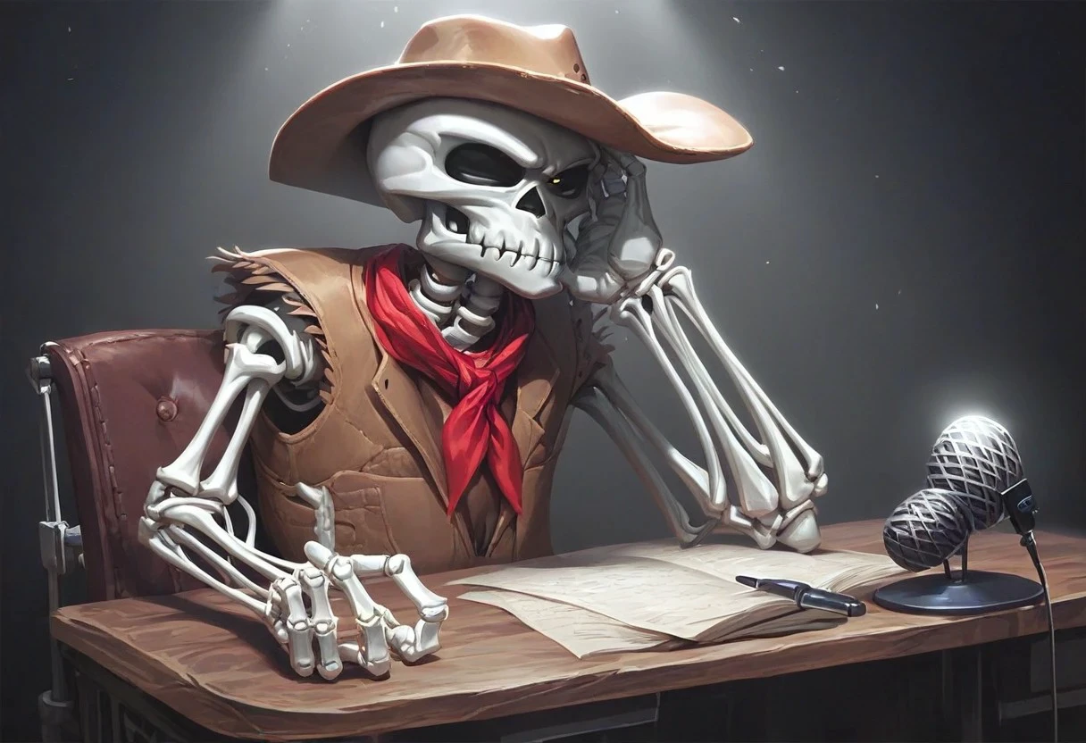 score_9, score_8_up, ghost_tcr, skull, cowboy hat, neckerchief, skeleton, vest, sitting, desk, microphone, radio studio, 1boy, realistic, bored, annoyed, holding own head, neon sign reads "ON AIR", solo, black background, spotlight