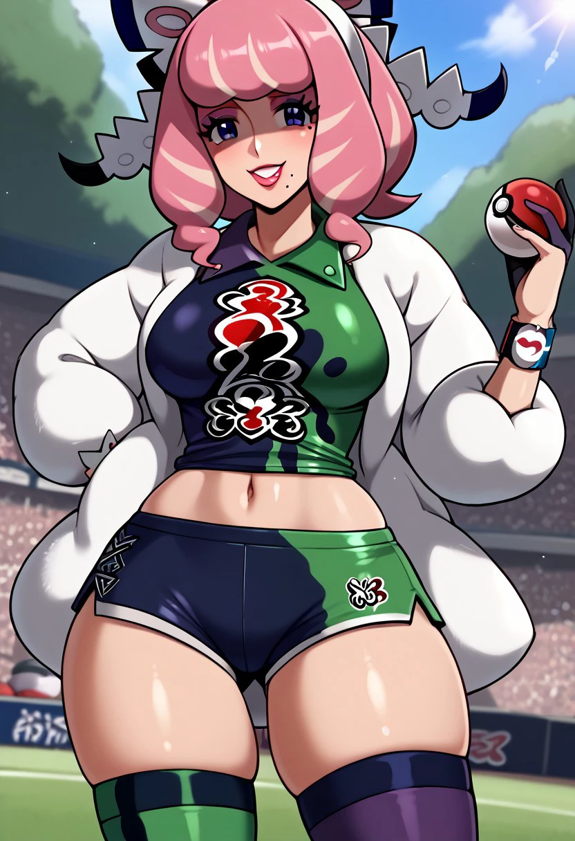 score_9, score_8_up, score_7_up, deep skin, shiny skin, skindentation, source_anime, high quality, highres, (curvy), ((wide hips)),, thick thighs, cute, , sexy, medium breasts, klara_pokemonswsh, pink hair, mole under mouth, purple shirt, purple sport shorts, collared shirt, two-tone shirt, purple stockings, purple eyes, purple eyeshadow, pink lipstick, white coat, printed shirt, hair bow, white headband, smile, outside, holding pokeball