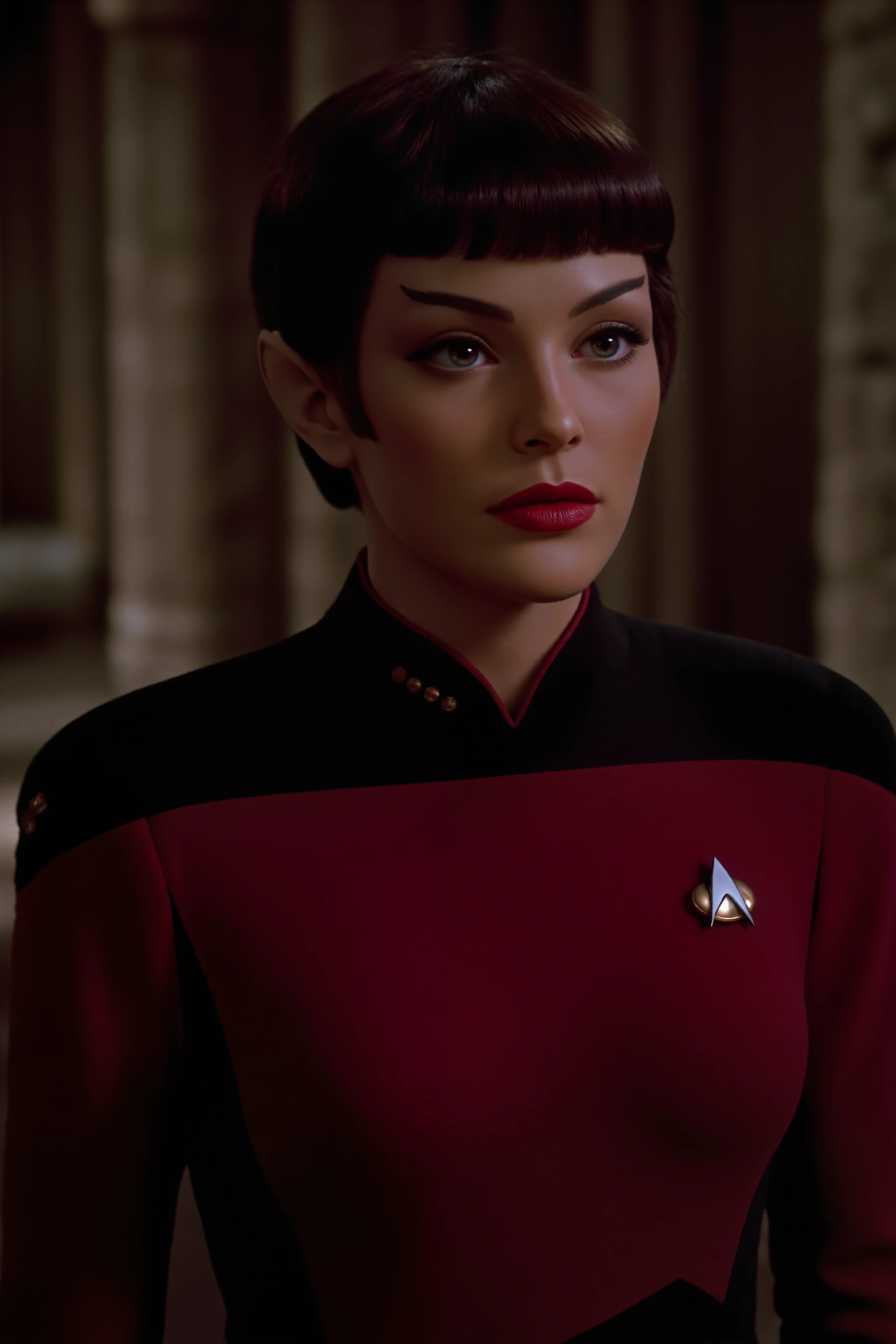 An vulcan woman with short hair stands in the ancient temple wearing TNG red uniform (photography, high-resolution, dynamic, energetic,hyper-realistic, dramatic lighting, shallow depth of field.), detailmaximizer, MythP0rt<lora:midjourney_whisper_flux_lora_v01:0.55><lora:aidmaMJ6.1-FLUX-V0.1:0.4><lora:FluxMythP0rtr4itStyle:0.4><lora:detailed_flux_ntc:2.2><lora:aidmaImageUpgrader-FLUX-V0.1:0.65><lora:TNG_FLUX:1.1><lora:VULCANV1_FLUX:1.3>