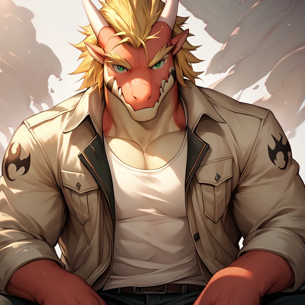 score_9, score_8_up, score_7_up, detailed background, photorealistic <lora:Delga:1.0>, delga, 1boy, solo, blonde hair, green eyes, tattoo, open jacket, white tank top, muscular, muscular anthro, sitting, bara