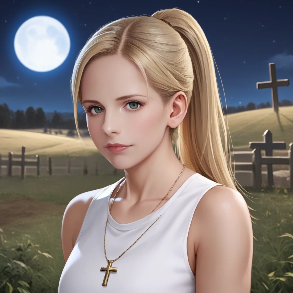 score_9, score_8_up, score_7_up, source_anime, professional photograph of Sarah Woman, portrait, young, wearing a sleeveless black blouse, blonde hair, long hair, ponytail, cross necklace, posing on a field, looking at the viewer, it's a graveyard, night time, moon in the background, dark lighhting, <lora:Sarah Pony 8:1>