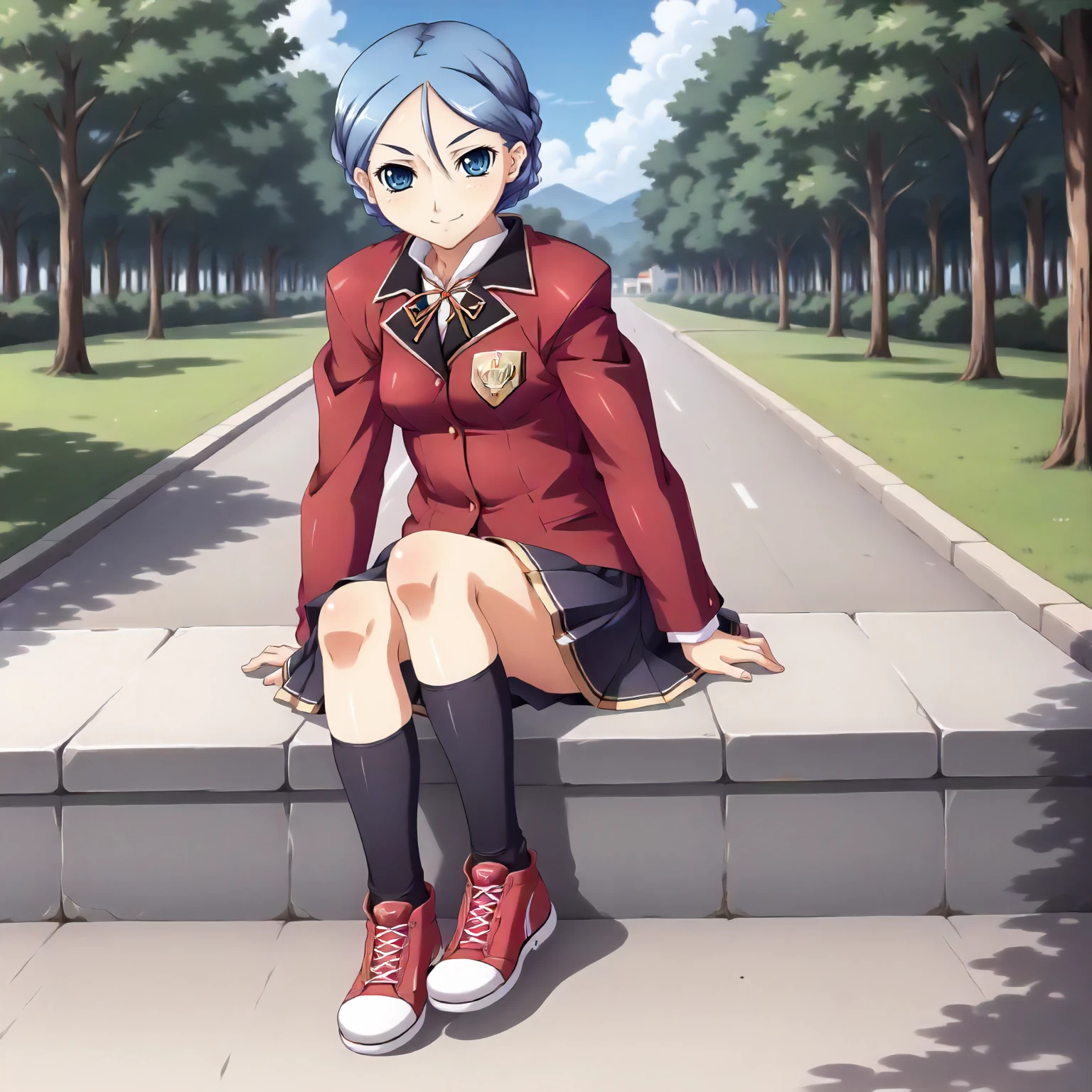 <lora:SDG_YukaMorimuraXLpony001>,
outdoors,nature,
smile,
solo,
YukaMorimura,1girl,blue hair,french braid,blue eyes,
school_uniform,red jacket,
pleated_skirt,
knee socks,
sneakers,
sitting,