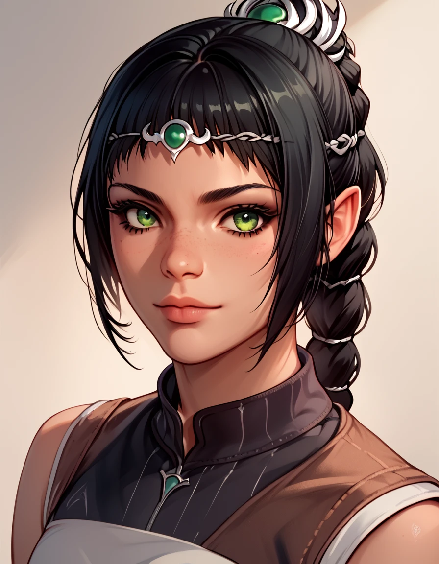 <lora:baldursgate3:1>, shadowheart, black hair, braid, green eyes, score_9, score_8_up, score_7_up, score_6_up, score_5_up, score_4_up, source_anime , 1girl, portrait,