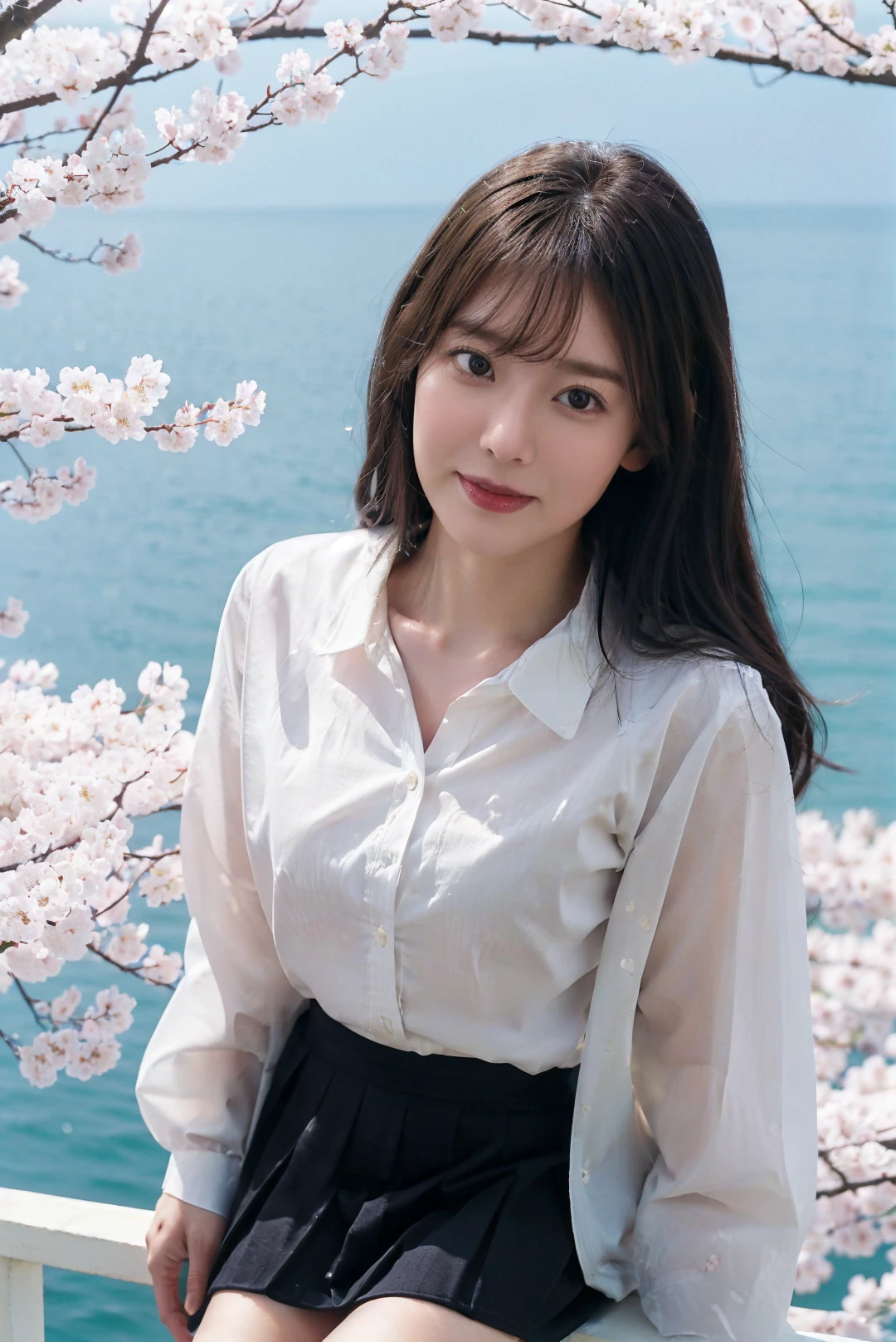 1girl,solo,skirt,looking at viewer,outdoors,day,ocean,(cherry blossoms),scenery,portrait,((from above)),((glowing)),Highly detailed,(ultra-detailed),(best quality,masterpiece:1.5),<lora:QX:0.65>,qx,<lora:AV-æ«èç±:0.5>,fengfuai,