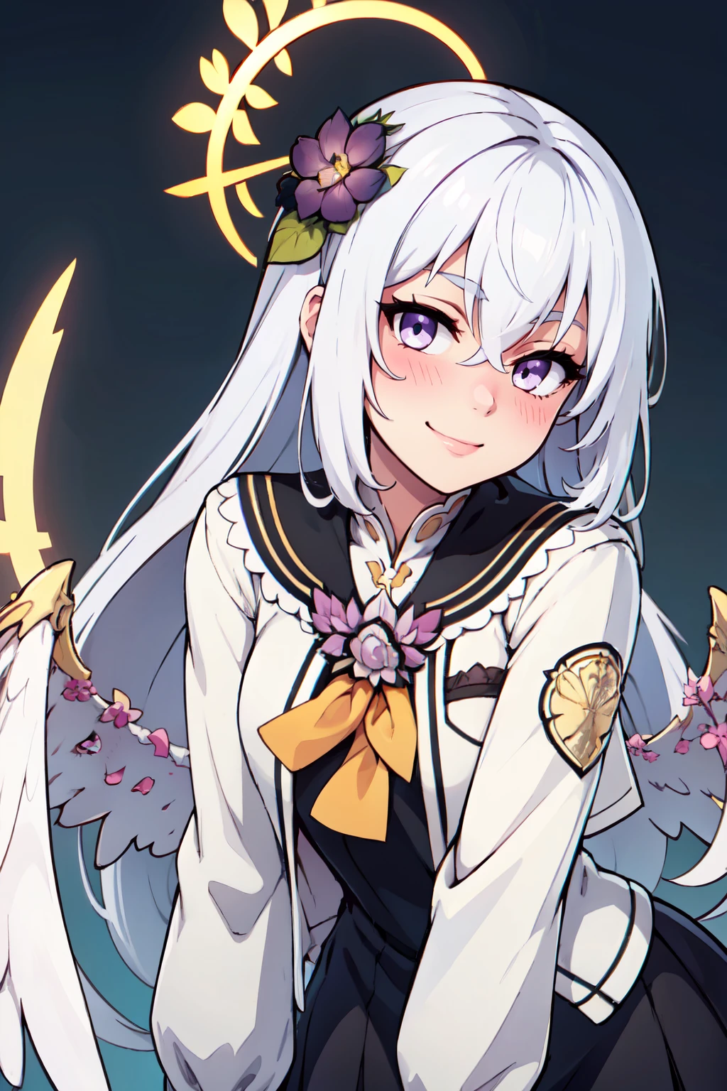 ((masterpiece,best quality)), absurdres,  BREAK, , <lora:Azusa_BlueArchive_Citron:0.8>, zzAzusa, purple eyes, white hair, long hair, halo, hair ornament black sailor collar, white jacket, black dress , BREAK, leaning forward, head tilt, blush, upper body,, BREAK, solo, smile, looking at viewer, cowboy shot,