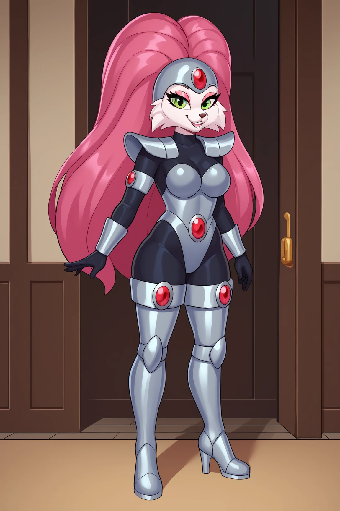 score_9, score_8_up, score_7_up, score_6_up, BREAK, JennyBOHXLv2, anthro furry, furry female, white fur, green eyes, pink hair, long hair, grey helmet, forehead red jewel, medium breasts, grey armor, red jewel, shoulder armor, black bodysuit, armlet, guantlets, black gloves, armored thigh boots, solo, full body, standing, seductive smile, looking at viewer, indoors <lora:JennyBOHXLv2:0.8>