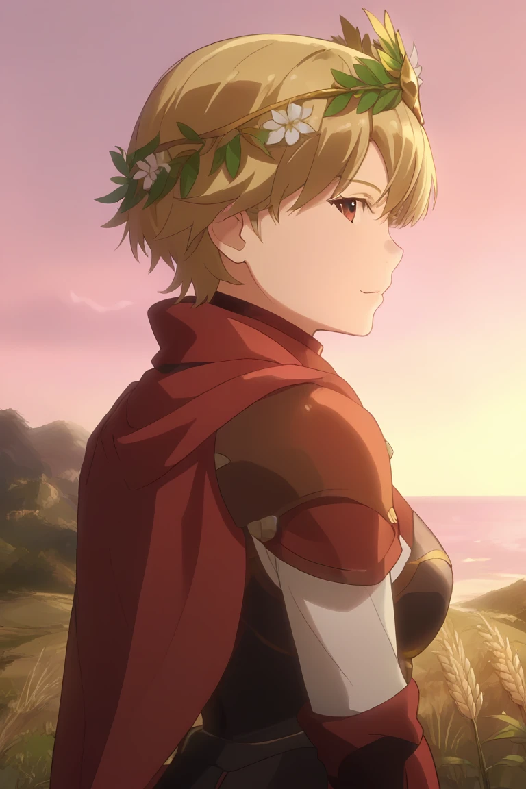 score_9, score_8_up, score_7_up, best quality, masterpiece, 4k, very aesthetic, source_anime, 1girl, bronze armor, laurel crown, red cape, from side, wheat field, sunset, ocean background, kind expression, short blonde hair, upper body, close up, looking back, looking at viewer, official art, solo focus,    <lora:Grimgar_Style:1> grimfd