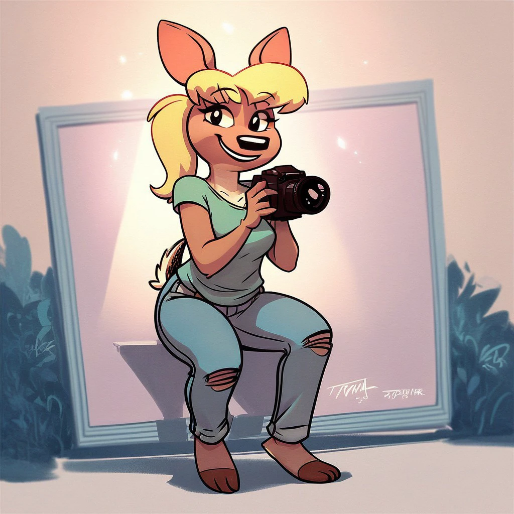 score_9_up, score_8_up, score_7_up, score_6_up, rosanaTVMA, 1girl, deer, blonde hair, ponytail, solo, smile, t-shirt, jeans, barefoot, holding camera, solo, furry, female