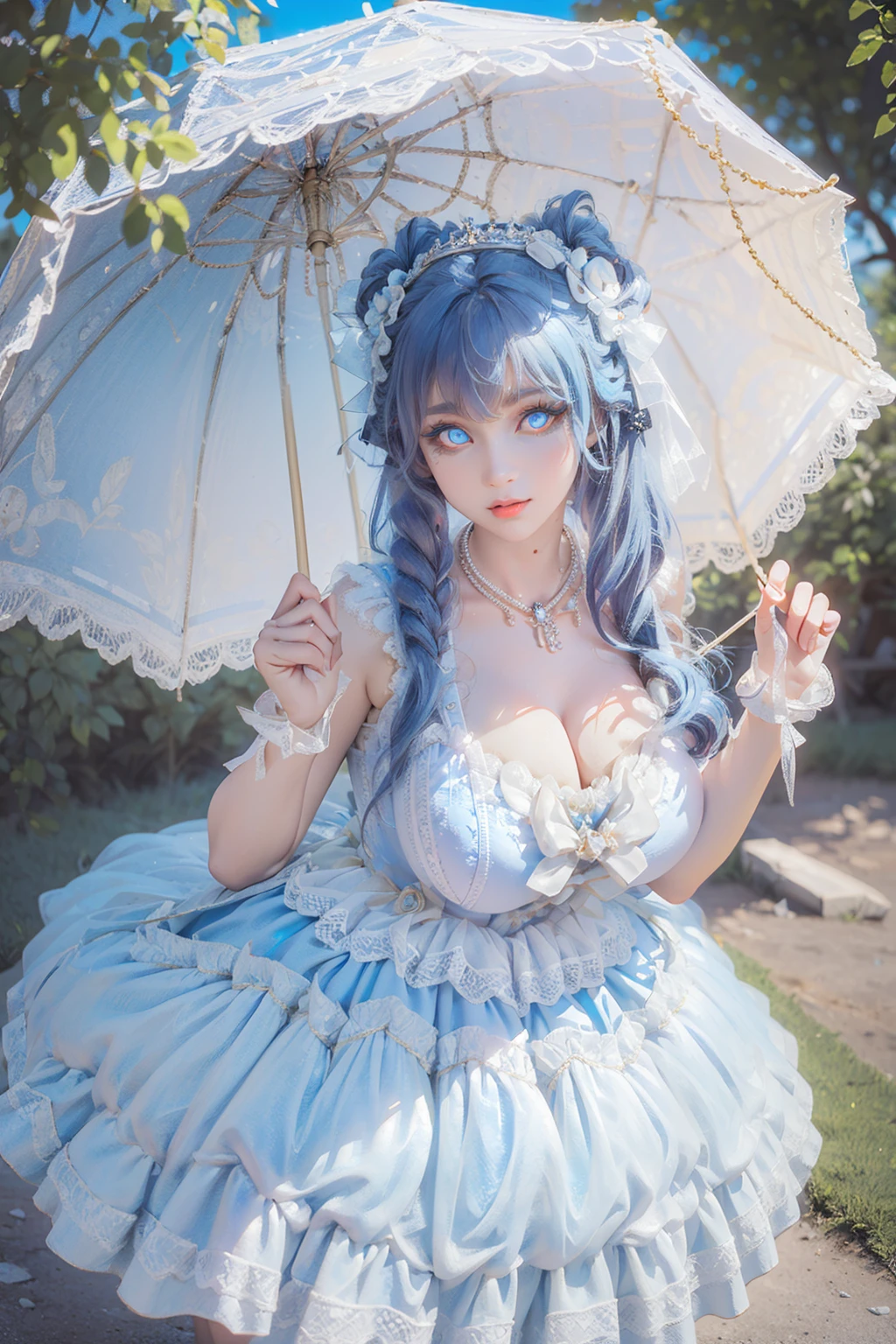 (masterpiece, best quality:1.2),illustration,8k,hd,1 girl,depth of field,bswq,dress,white dress,blue dress,umbrella,jewelry,necklace,pantyhose,bow,lace,lace trim,lace-trimmed dress,sleeveless dress,((cleavage)),big breasts,(outdoors:1.3),(glowing blue eyes:1.3),