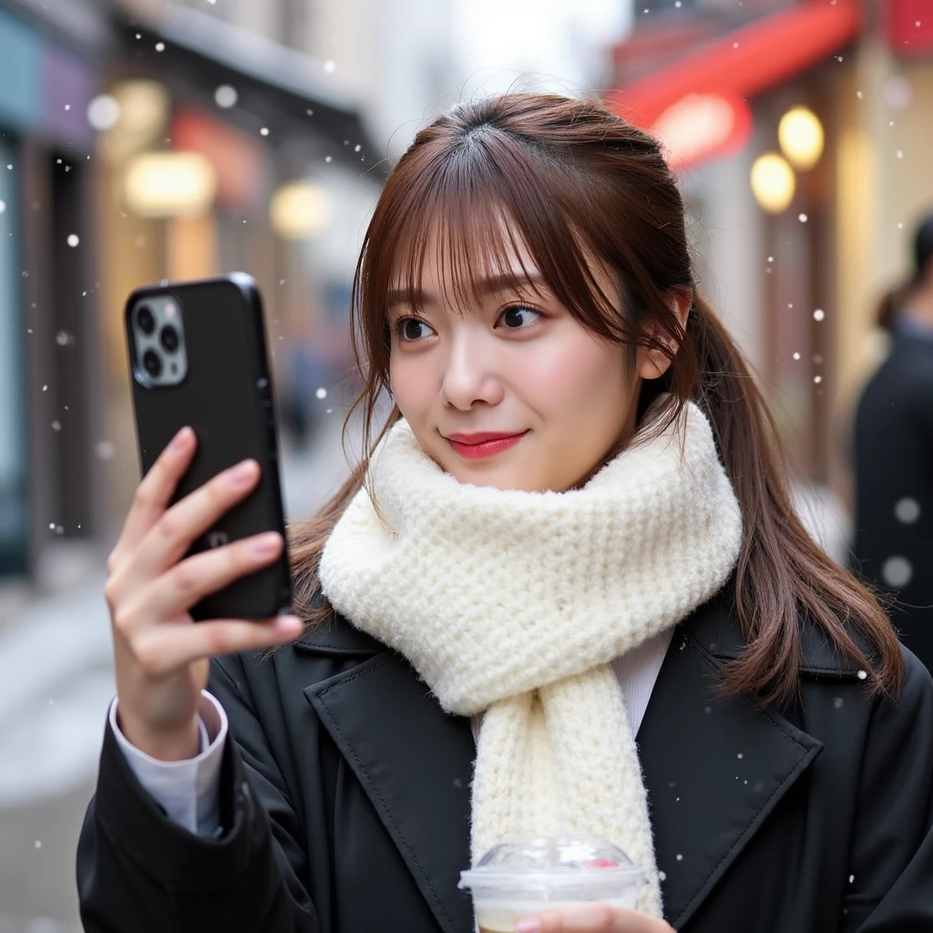 A photo of a woman named Tamura, with brown hair and bangs. She is wearing a black jacket, a white scarf, holding a hot drink in one hand and taking a selfie with her phone in the other hand. The background is a commercial street, with snow falling.