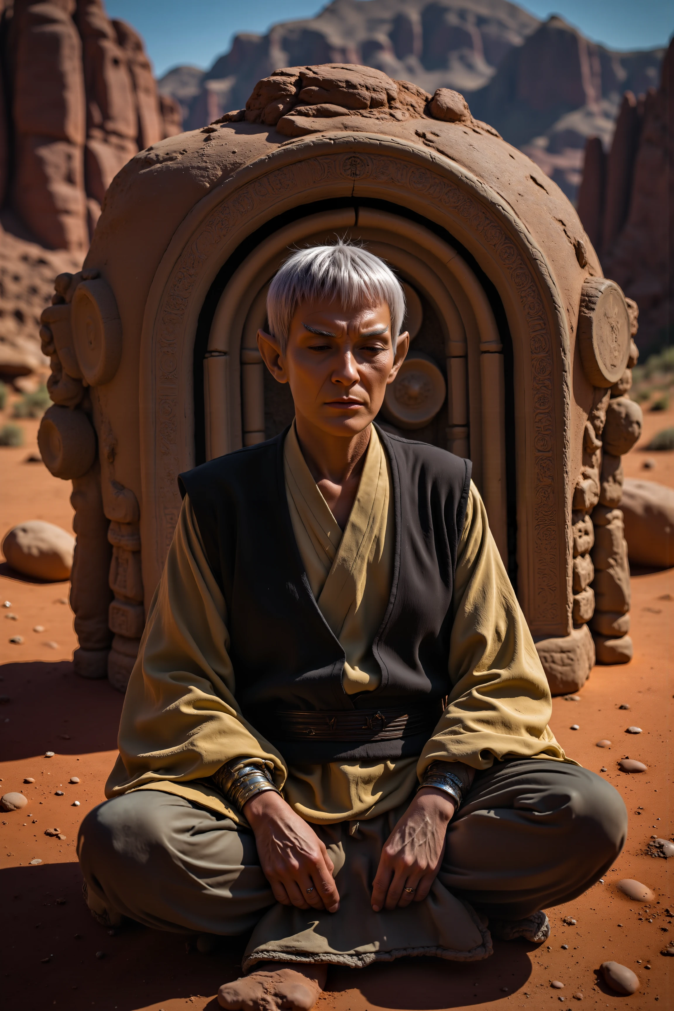 A hyper-realistic portrait, photorealistic photo close-up image of On the outskirts of a small, ancient village on Vulcan, an elderly Vulcan man sits cross-legged before a stone shrine dedicated to the teachings of Surak. His hair, once black, is now a soft silver, and his dark green skin bears the faint lines of age and experience. His simple robes, worn and faded, blend into the surrounding landscape of red sand and jagged rocks, as he meditates in the heat of the midday sun. His eyes are closed, his face perfectly serene, as he contemplates the deep, unwavering logic that has guided his life for over a century. The shrine behind him is old, its stone surface covered in intricate carvings of Vulcan symbols and teachings, glowing faintly in the harsh sunlight. The air is still, filled only with the distant sound of wind sweeping across the desert, carrying with it the scent of dry earth and ancient stone. Around him, the barren landscape stretches out in every direction, a vast, unbroken expanse of desert and mountains that has remained unchanged for millennia. The quiet solitude of the place is palpable, a reflection of the inner peace and control that defines his Vulcan nature. His mind, like the land around him, is calm, focused, and undisturbed by the passage of time. (photography, high-resolution, dynamic, energetic,hyper-realistic, dramatic lighting, shallow depth of field.), detailmaximizer, MythP0rt<lora:midjourney_whisper_flux_lora_v01:0.55><lora:aidmaMJ6.1-FLUX-V0.1:0.4><lora:FluxMythP0rtr4itStyle:0.4><lora:detailed_flux_ntc:2.2><lora:aidmaImageUpgrader-FLUX-V0.1:0.65><lora:VULCANV1_FLUX:1.1>