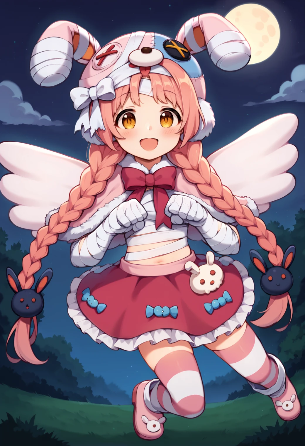 score_9, score_7_up, hd, (ultra hd quality details), source_anime, outdoors, night, moon,
solo, 1girl, pcrmimi, very long hair, twin braids,
mimihal, bandages, animal hat, rabbit hair ornament, pink capelet, fur-trimmed capelet, bandaged hand, red skirt, frilled skirt, striped thighhighs, wings, pink footwear,
looking at viewer, blush, smile, open mouth, 
jumping,
<lora:_mimipcr-elesico-pony:1>