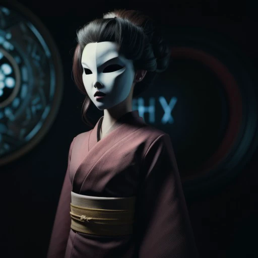 high res, good quality, accurate face, ((high resolution:1.2), (hi-res:1.2), masterpiece, best quality),  easynegative, ng_deepnegative_v1_75t, bad-picture-chill-75v, The Lady, video game character, Little Nightmares, Red kimono , porcelain mask , Taller woman, in a dark room, black Mist, dark aura,