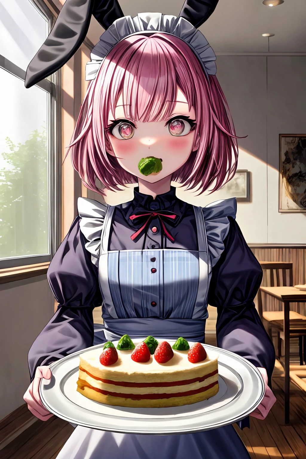 (masterpiece), best quality, expressive eyes, perfect face, emuwdh, blush, long sleeves, dress, bow, holding, animal ears, heart, frills, food, puffy sleeves, indoors, star (symbol), rabbit ears, apron, cup, maid, maid headdress, window, fruit, blue dress, chair, eating, table, juliet sleeves, plate, tray, teacup, cake, strawberry, spoon, fork, teapot, holding plate, tiered tray, <lora:462c30eb-f2ba-48be-a322-b06ee7b4a843:0.7>, <lora:more_details:0.7>