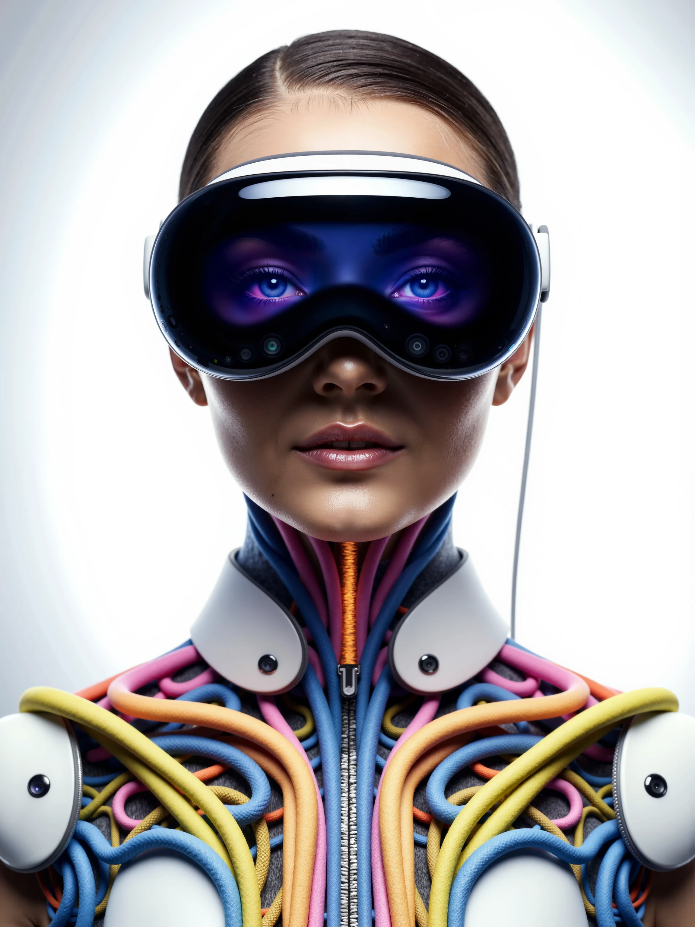 A hyper-realistic, futuristic portrait of a human-cyborg hybrid, their face intricately adorned with vibrant, biomechanical patterns and colorful, organic circuitry, now wearing the sleek Apple Vision Pro headset. The large, curved black reflective lens of the glasses covers their striking, neon-colored eyes, adding a modern technological edge to their already complex and futuristic design. The headset’s white frame and mesh-textured strap integrate seamlessly into the sculpted biomechanical features of the head, contrasting against the vibrant swirls of electric blue, neon pink, and bright yellow circuitry that snake across the surface of their face and neck.

Their expression is neutral yet intense, with slightly parted lips, suggesting calm focus and quiet confidence, as if they are gazing into a digital reality only visible to them. The reflective visor of the Apple Vision Pro captures faint glimmers of light, enhancing the futuristic, sleek aesthetic of the character. The exposed biomechanical elements of the neck and chest—made up of organic, sinewy shapes fused with sleek white and chrome machinery—glow subtly with internal light, giving the impression of a highly advanced being that exists at the intersection of biology and technology.

The lighting is soft yet futuristic, with cool whites and faint blues casting highlights across the reflective surfaces of the Apple Vision Pro, while warmer tones enhance the vibrancy of the colored patterns embedded in the figure's skin. The background is minimal and clean, a soft gradient of white and gray that places the full focus on the intricacy of the character's form and the sleekness of the Apple Vision Pro headset.

The camera is positioned straight on, capturing the figure from the shoulders up, focusing on the symmetry of the design and the complexity of the vibrant, flowing patterns that wrap around their face and chest. The reflective visor of the Apple Vision Pro adds depth and mystery, concealing their eyes while hinting at a vast digital world beyond the physical.

The mood is futuristic, innovative, and vibrant, combining the elegance of advanced human-cybernetic evolution with cutting-edge technological design. The interplay of colorful, organic elements and sleek, minimalist tech creates a visually captivating portrait, merging art, science, and technology into a singular, striking vision of the future.